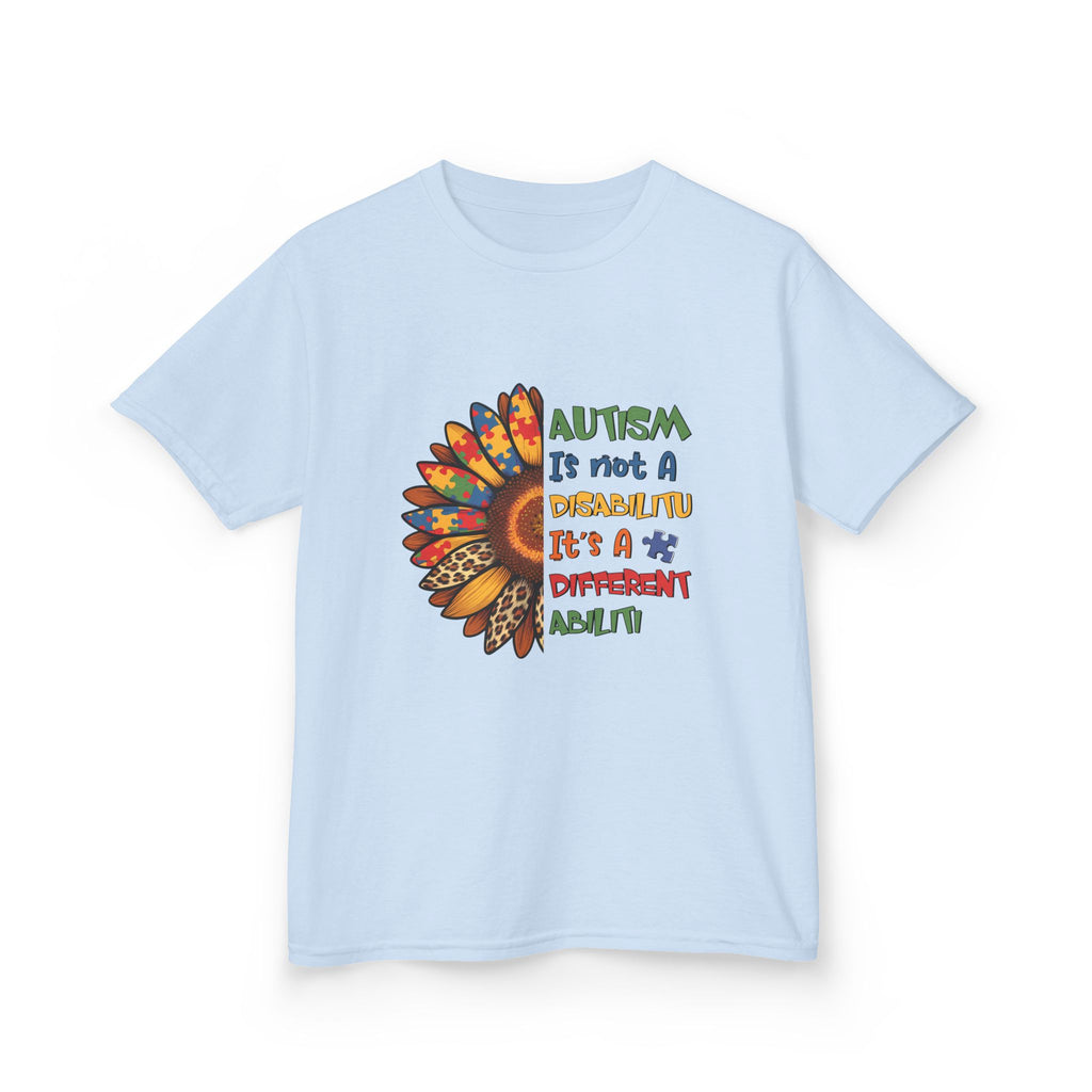 Kids Tee — "Autism Is Not A Disability It's A Different Ability" Colorful Feather Design