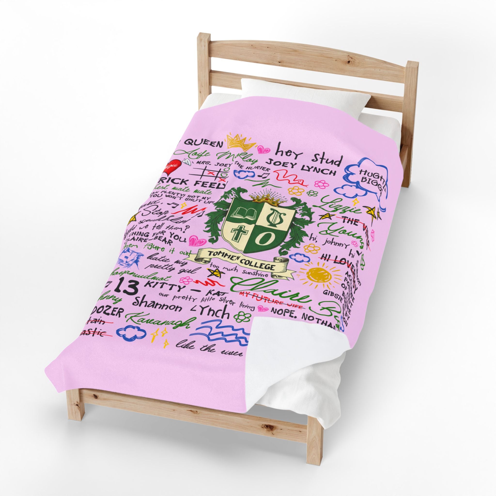 Velveteen Plush Blanket — Pink Doodle College Crest Throw
