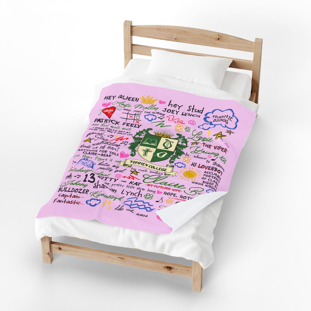 Velveteen Plush Blanket — Pink Doodle College Crest Throw