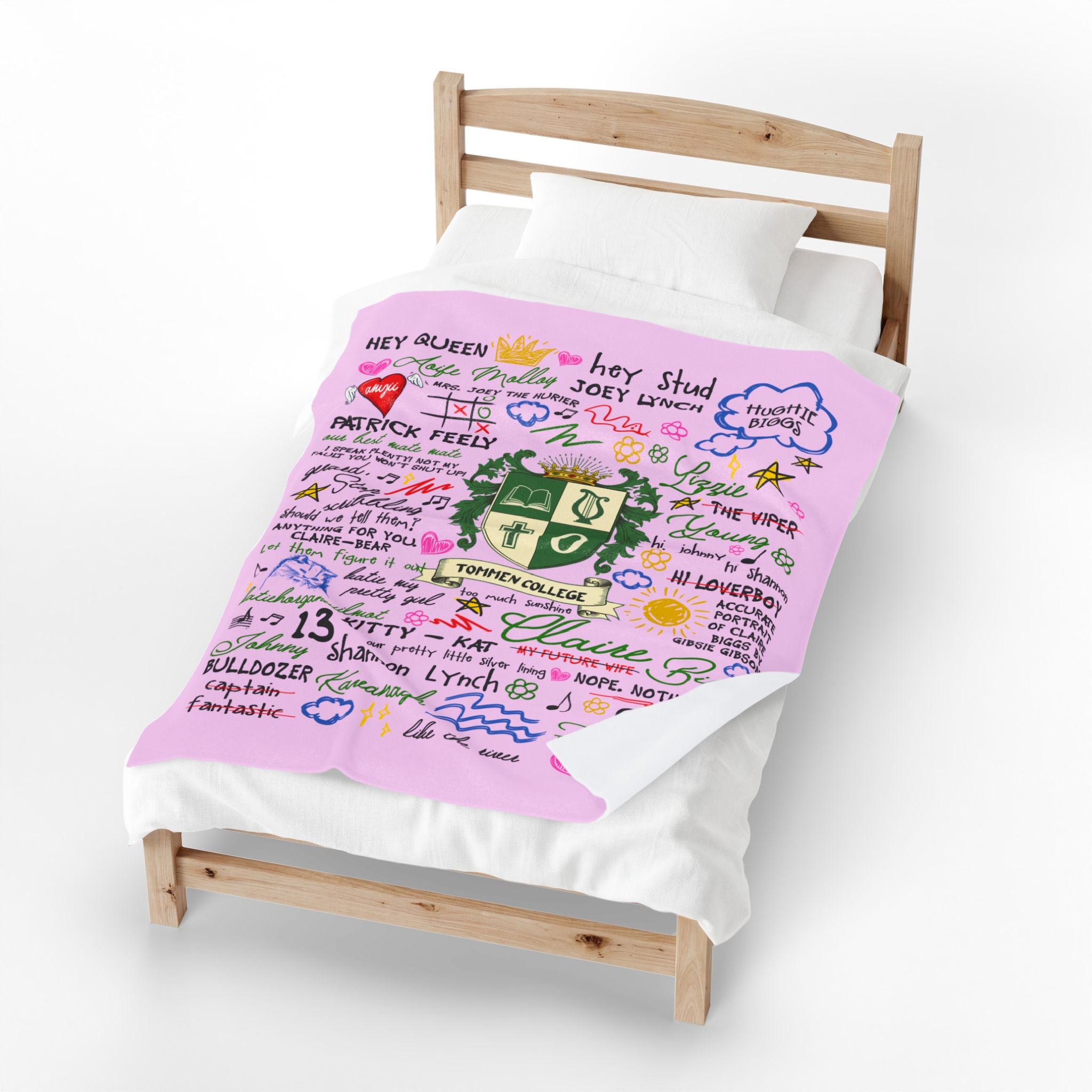 Velveteen Plush Blanket — Pink Doodle College Crest Throw
