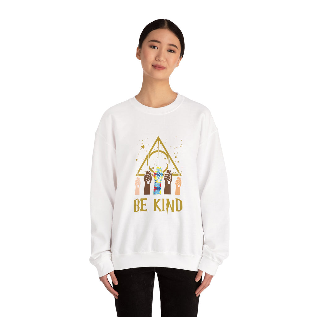 Be Kind Crewneck Sweatshirt – Inclusive Hands & Golden Emblem
