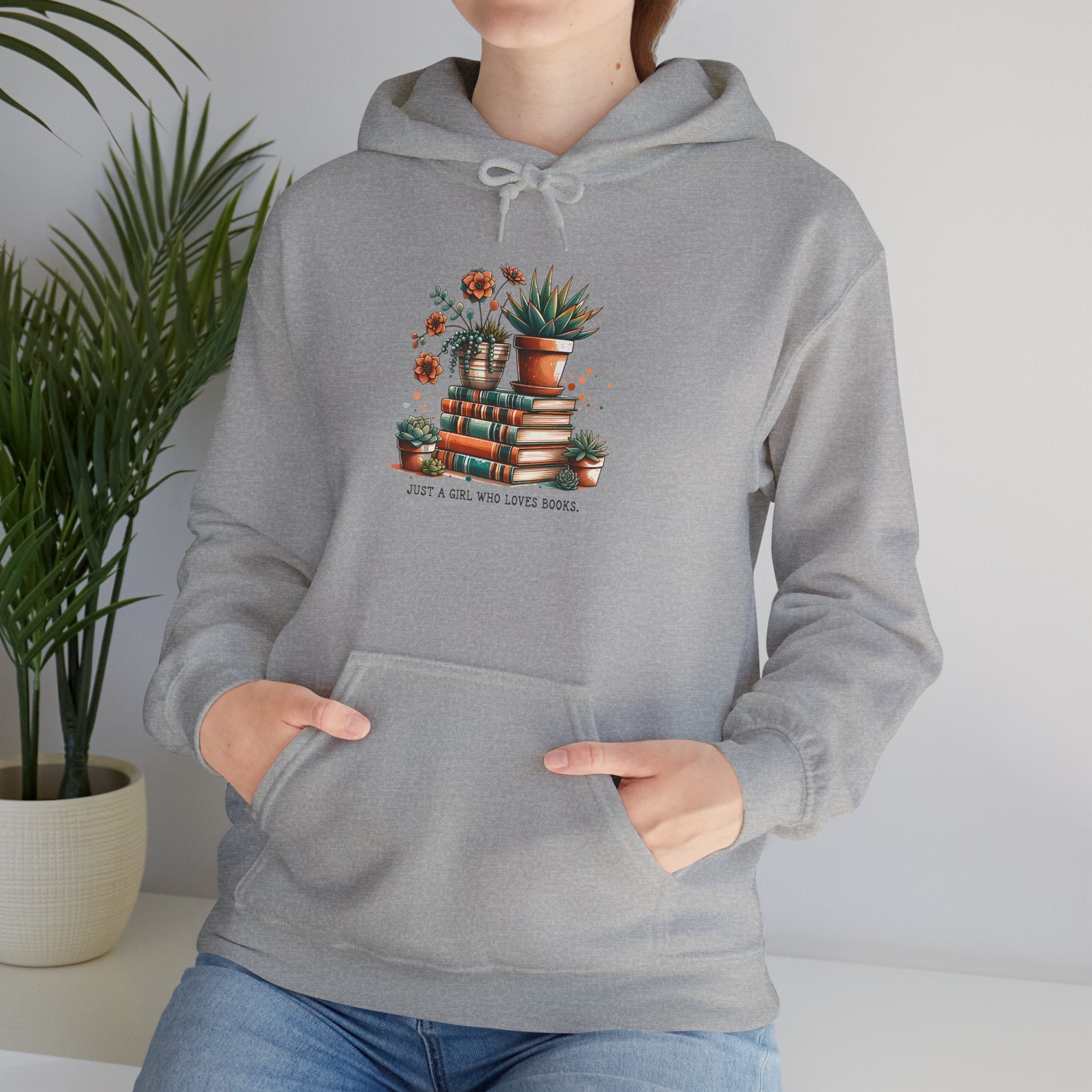 Plant Lover Hoodie – 'Plant Lady With Books' Cozy Botanical Pullover