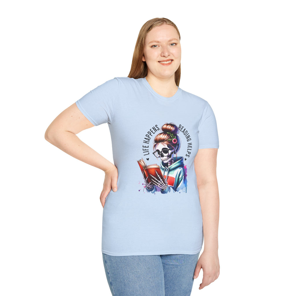 Reading Skull T-Shirt — "Life Happens, Reading Help" Gothic Booklover Tee