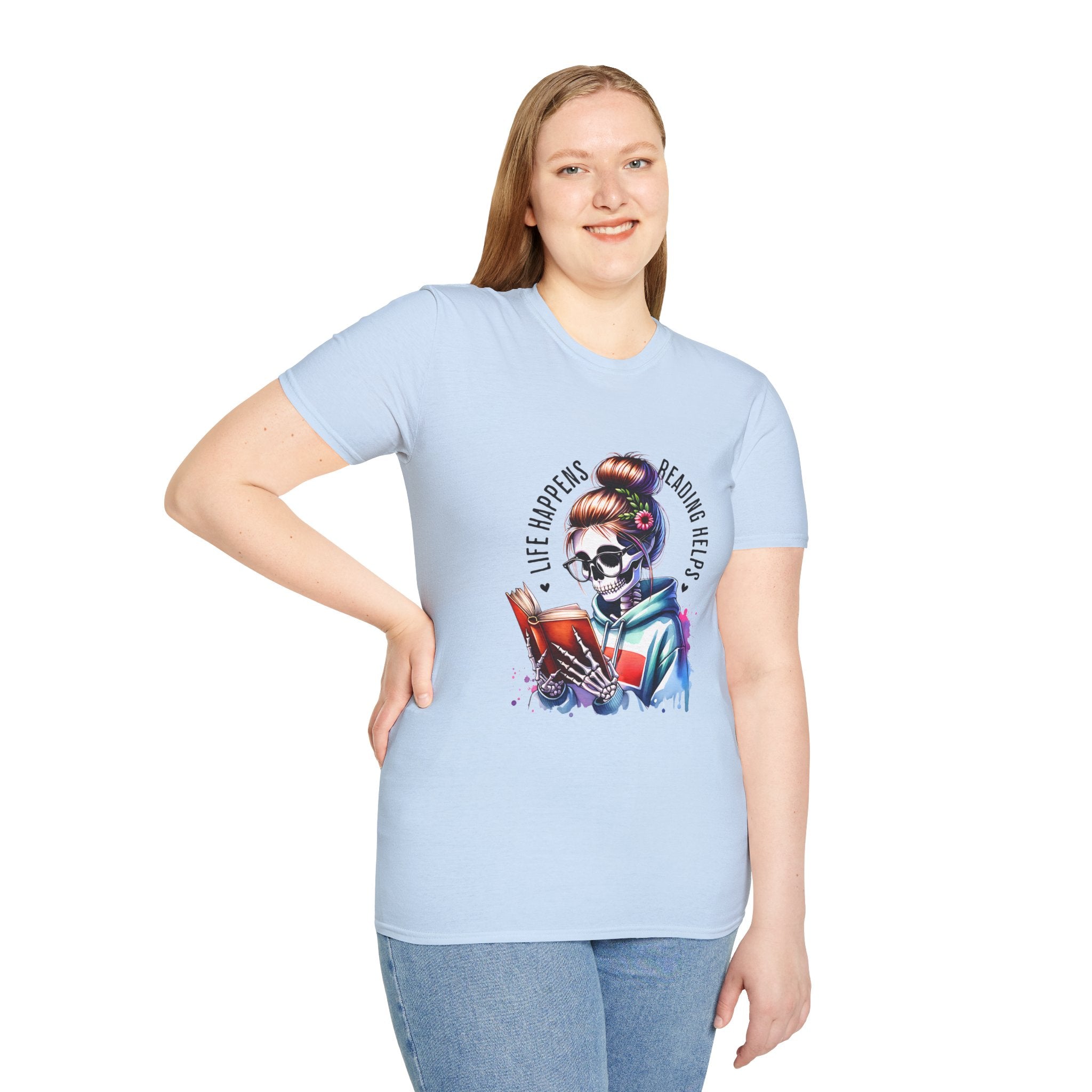 Reading Skull T-Shirt — "Life Happens, Reading Help" Gothic Booklover Tee