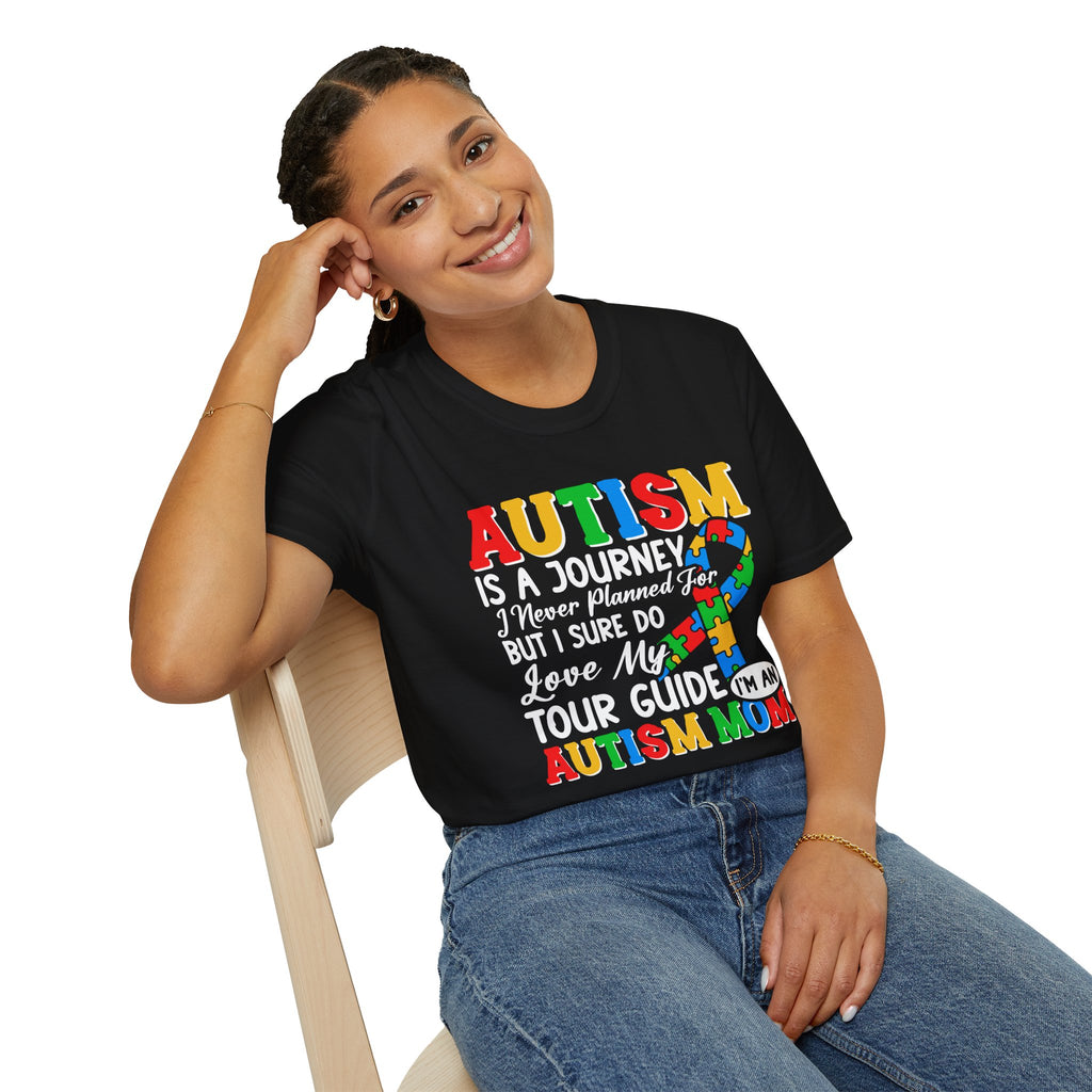 Autism Mom T-Shirt – “Autism Is a Journey…I Love My Tour Guide” Puzzle Ribbon Tee