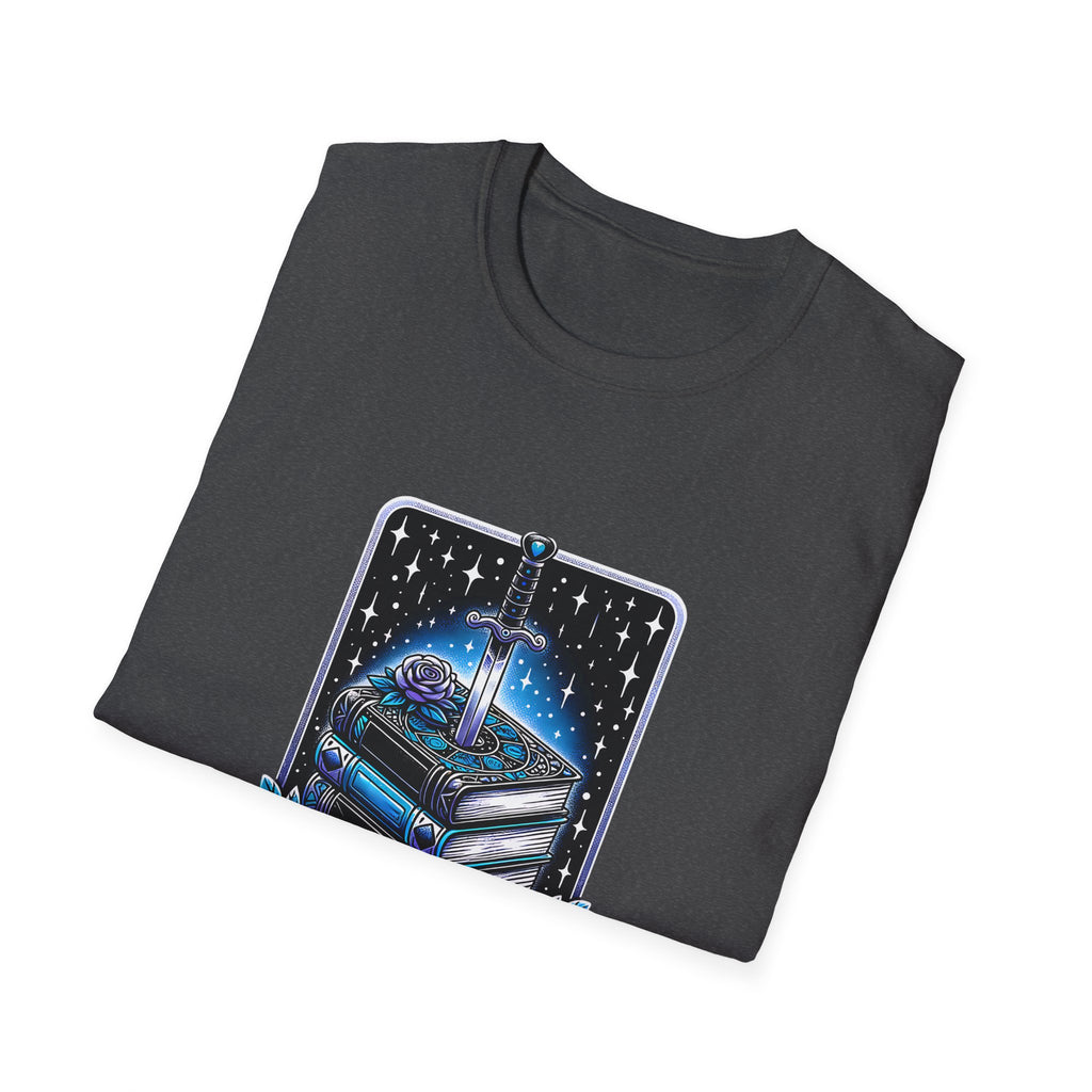 Fantasy Book Club T-Shirt — Stacked Books & Sword Night Sky Design