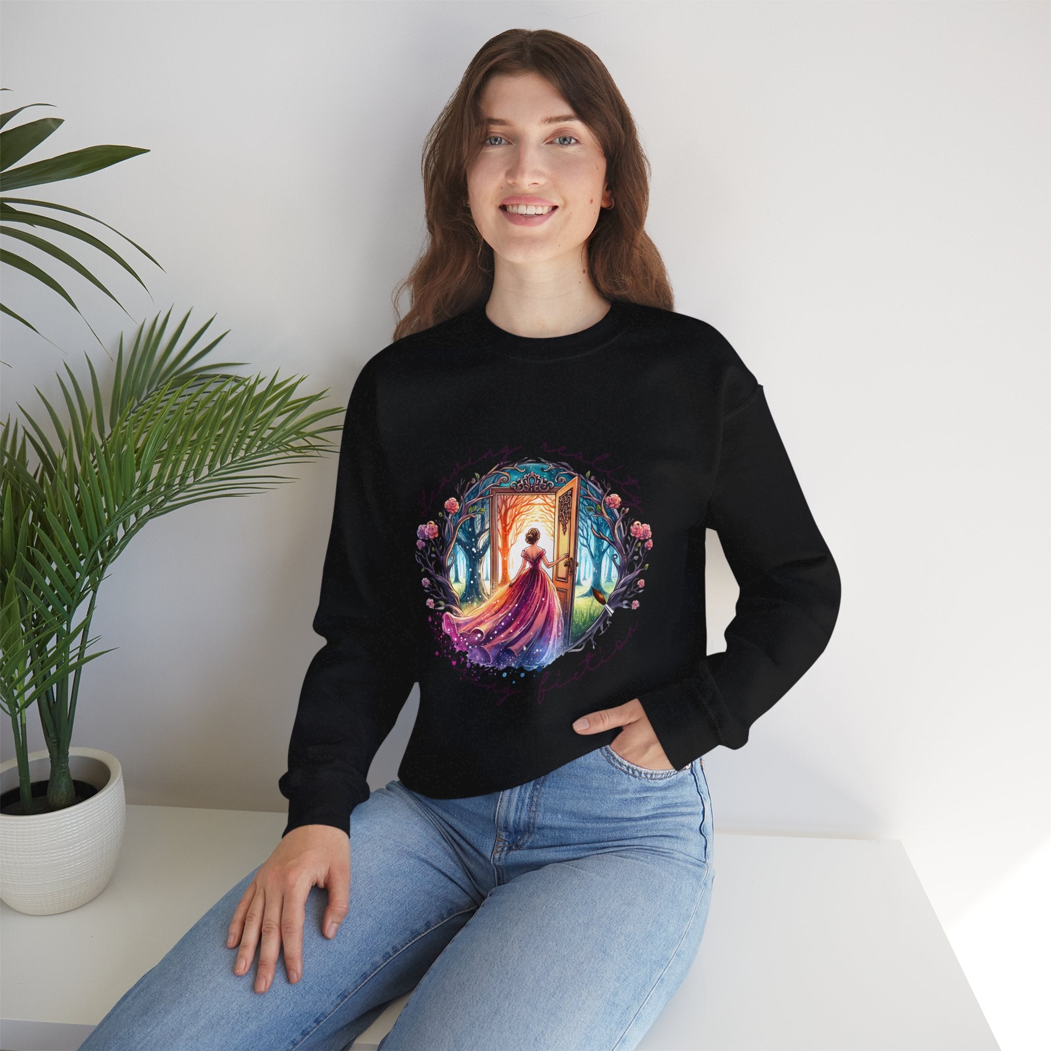 Crewneck Sweatshirt — 'Leaving Yesterday, Wearing Tomorrow' Fantasy Woman Art