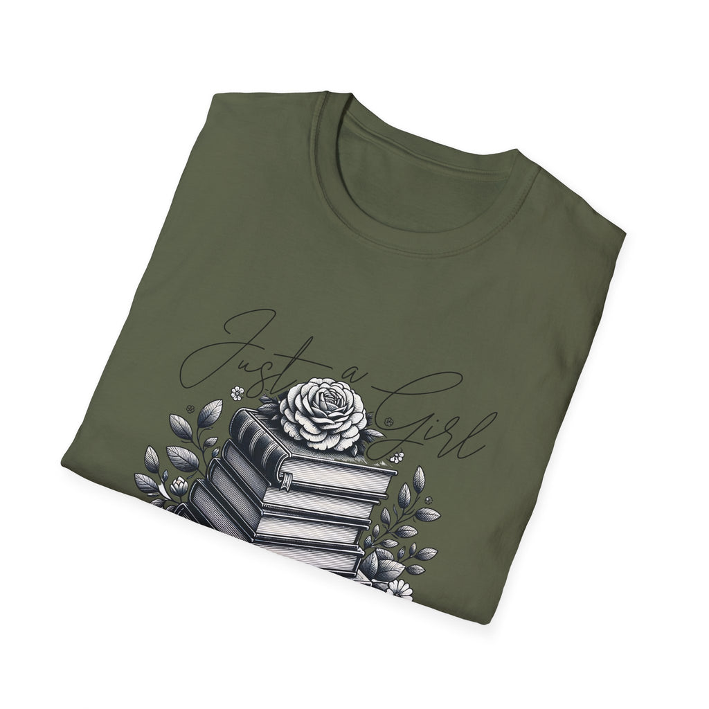 Book Lover T-Shirt — "Just a Girl Who Loves Books" Floral Stack Design
