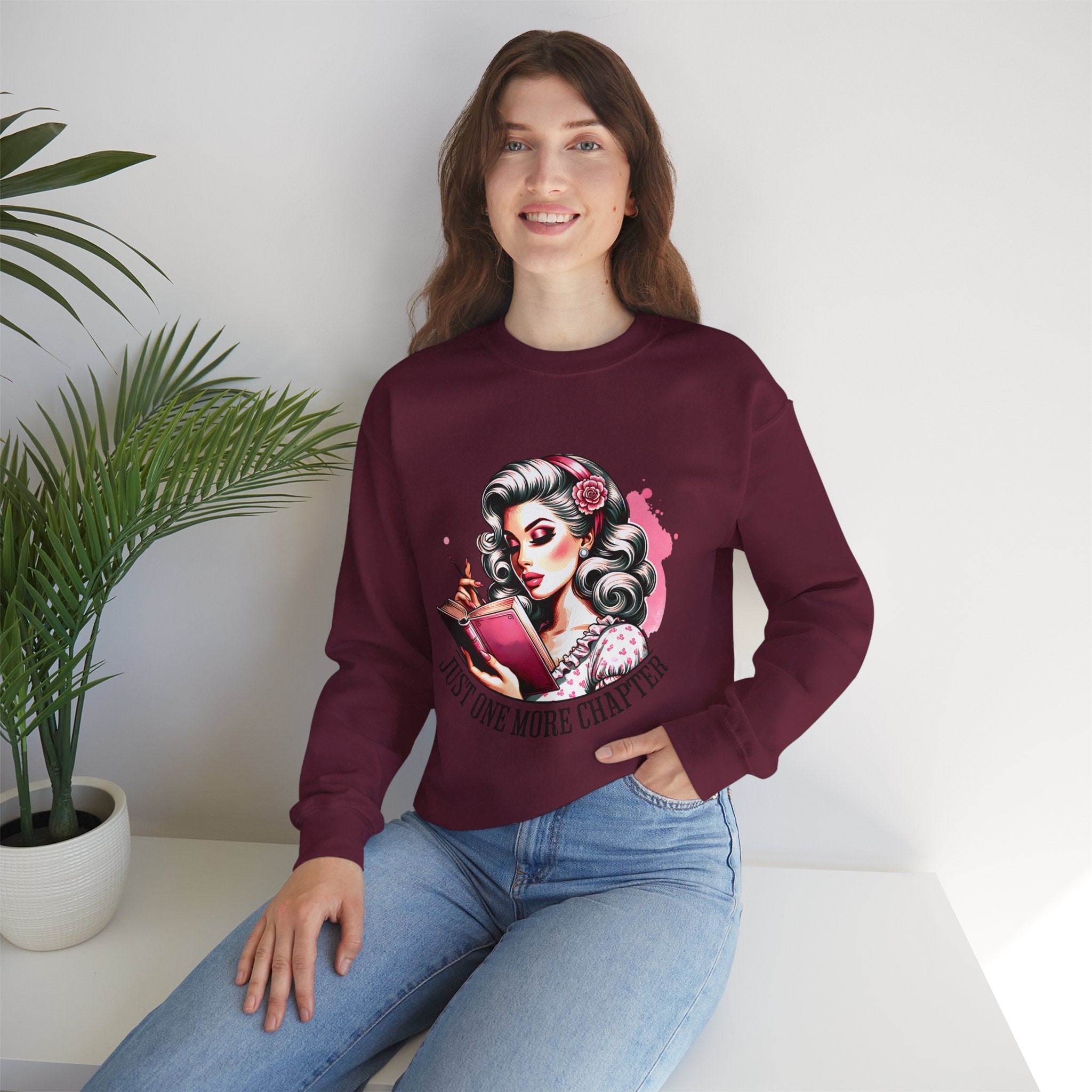 Reader Girl Sweatshirt — "Just One More Chapter" Cozy Graphic Crewneck