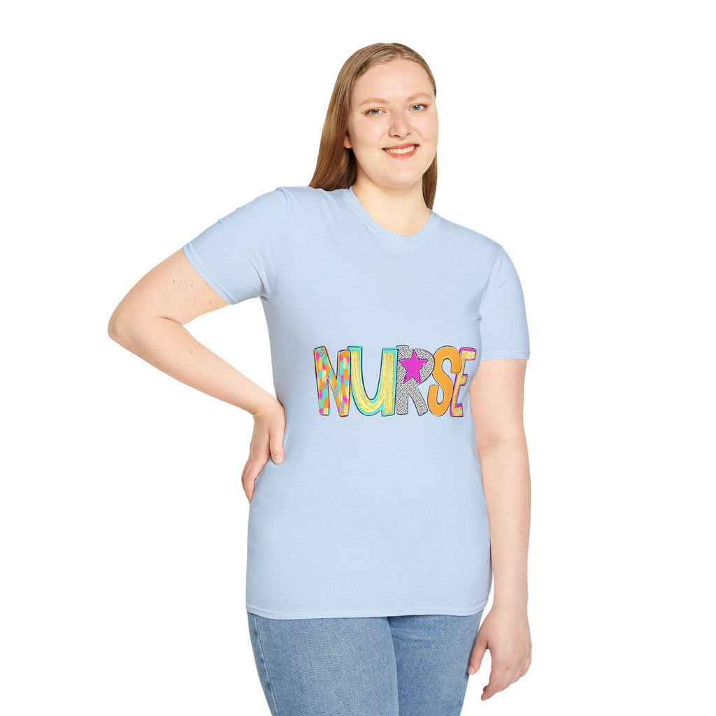 Nurse Colorful Lettering T-Shirt – Playful Scrubs-Themed Tee for Nurses