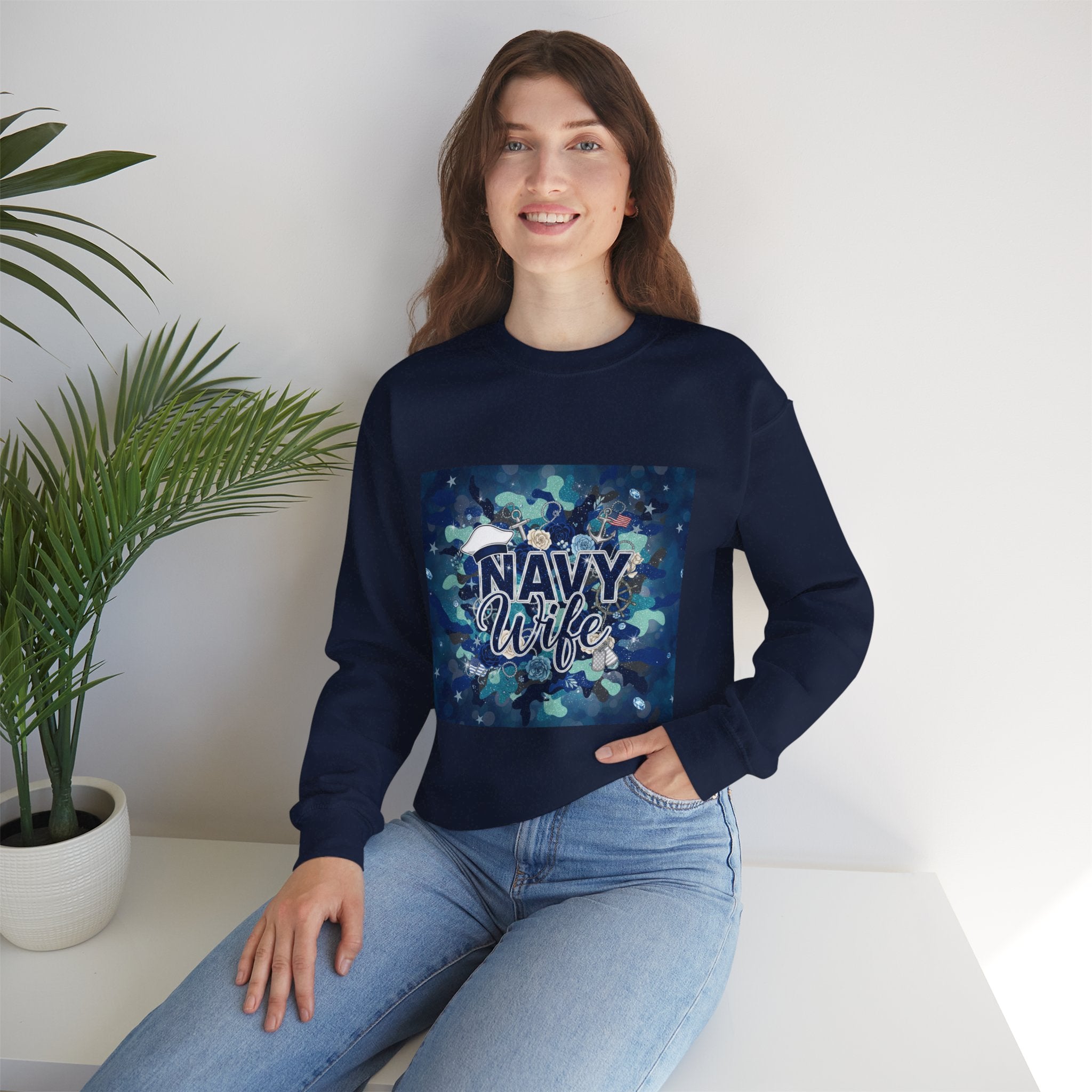 Navy Wife Crewneck Sweatshirt – Camouflage Heart Military Spouse Pullover