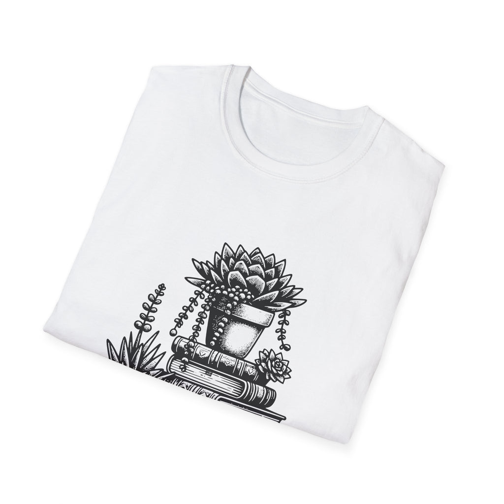 T-Shirt — "Just a Girl Who Loves Books" Floral Succulent Stack