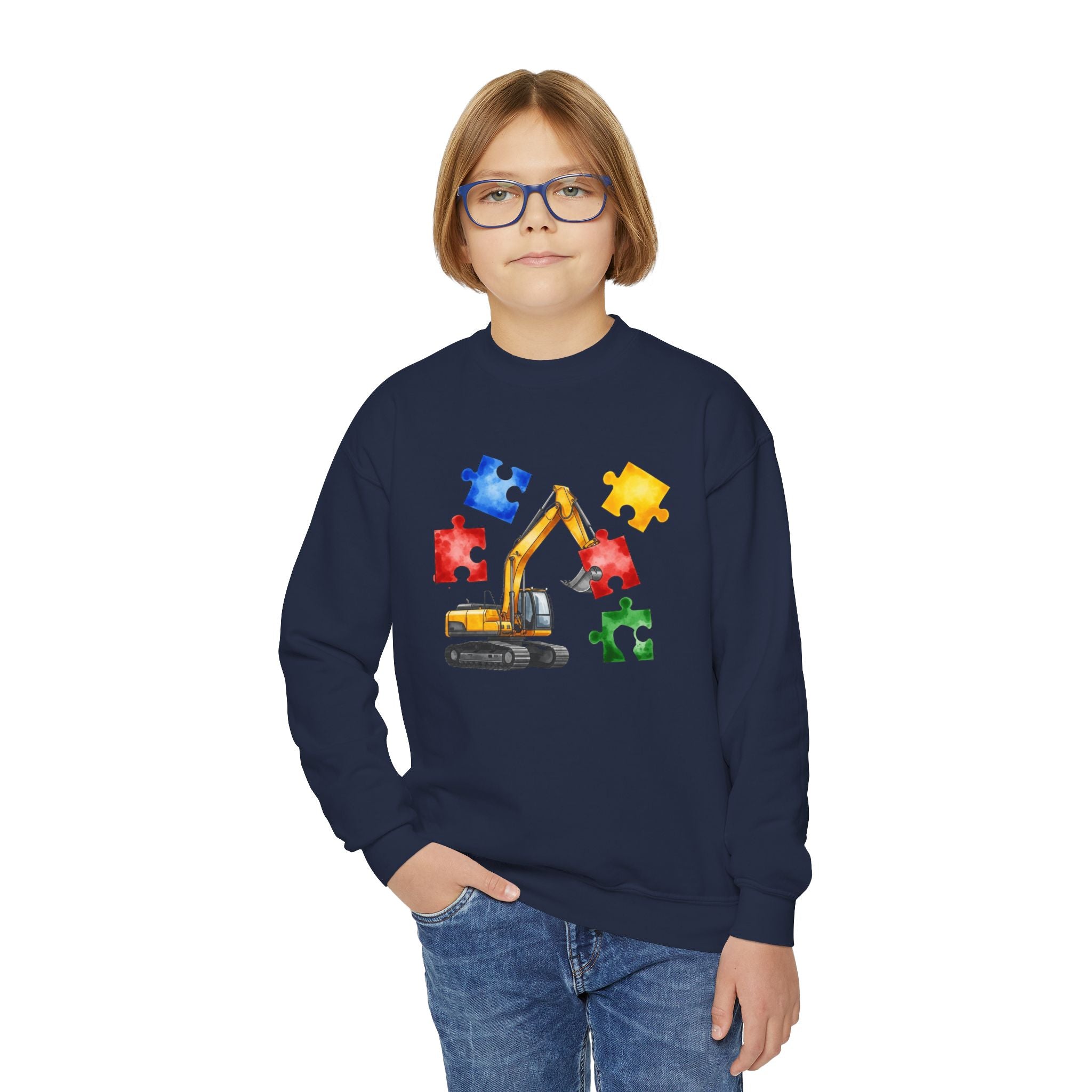Kids Excavator Puzzle Crewneck Sweatshirt — Construction Autism Awareness