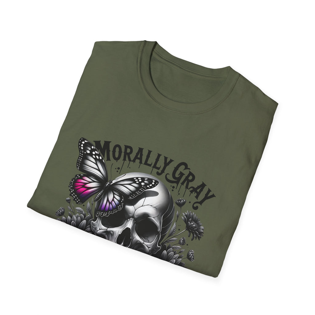 Morally Gray Skull T-Shirt — "Morally Gray and Proud of It" Gothic Butterfly Tee