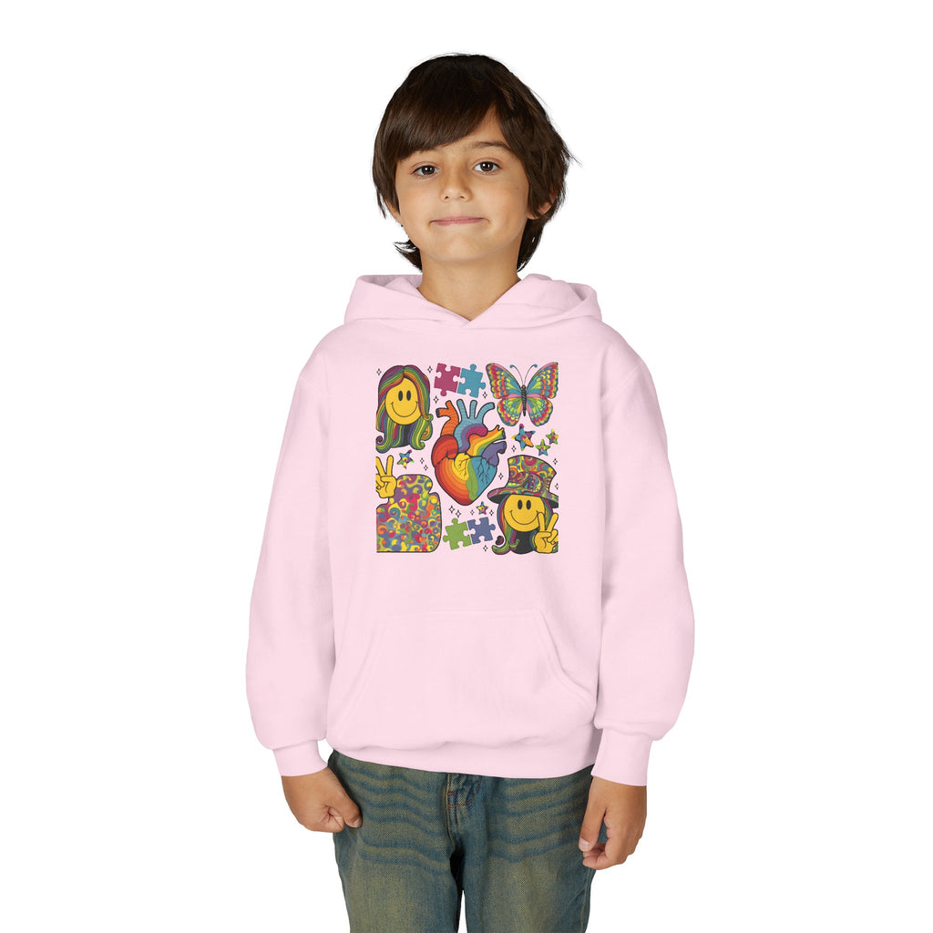 Youth Hoodie — Colorful Retro Smiley & Puzzle Heart Graphic