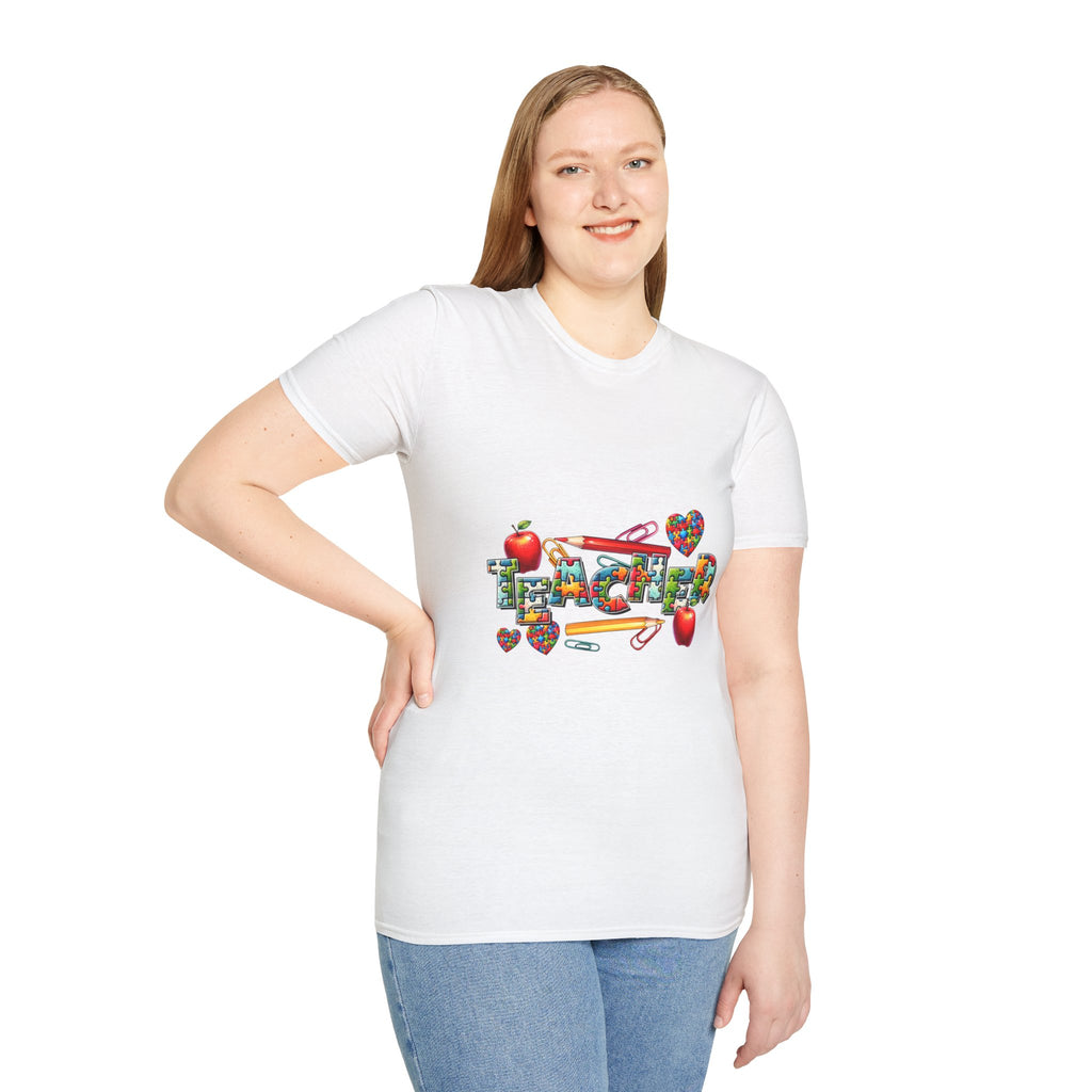 Teacher Appreciation T‑Shirt — Colorful School Icons & Hearts Design