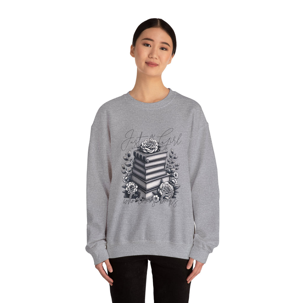 Book Lover Crewneck Sweatshirt — "Just a Girl Who Loves Books" Floral Stack Design