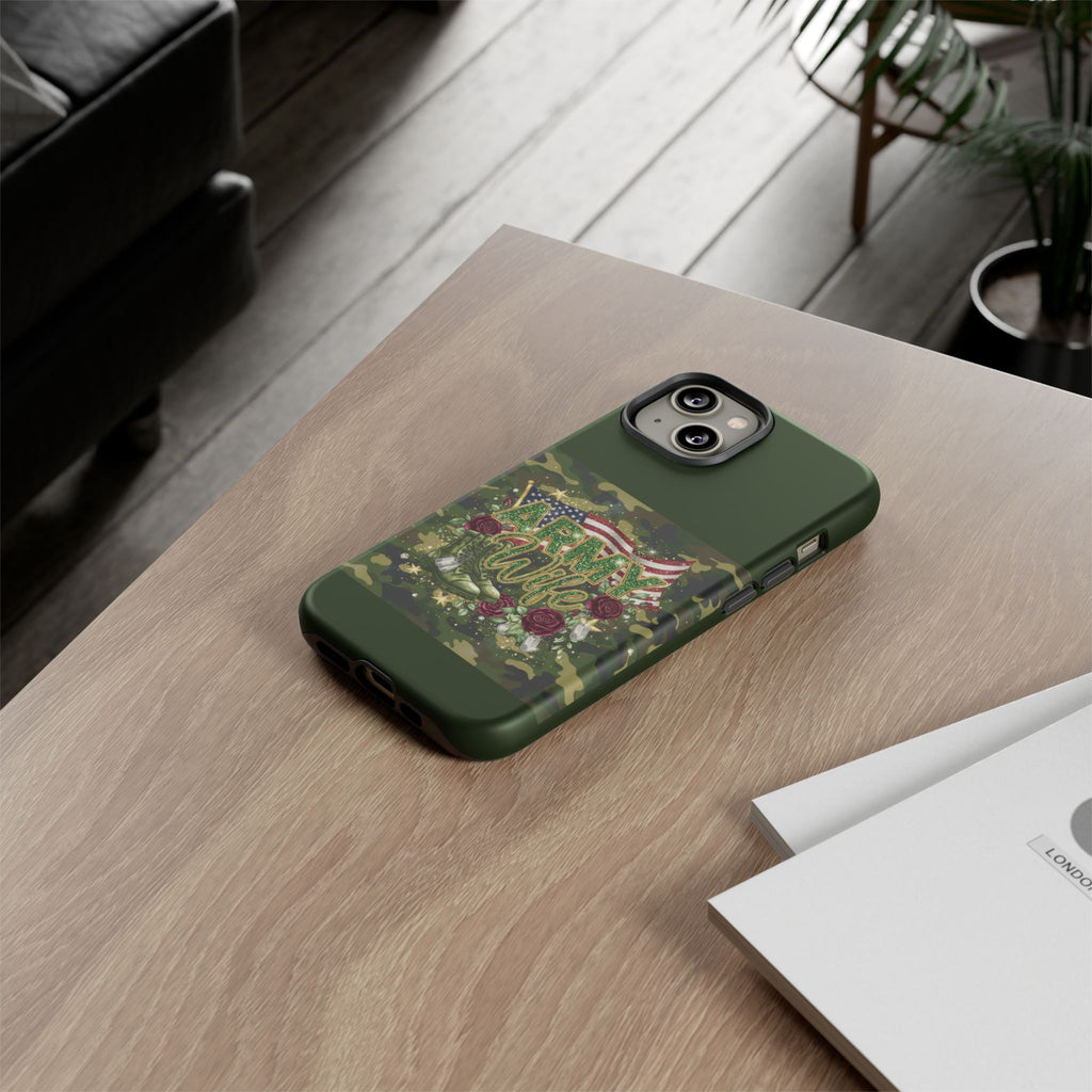 Army Wife Tough Phone Case — Camo Flag Design with Roses