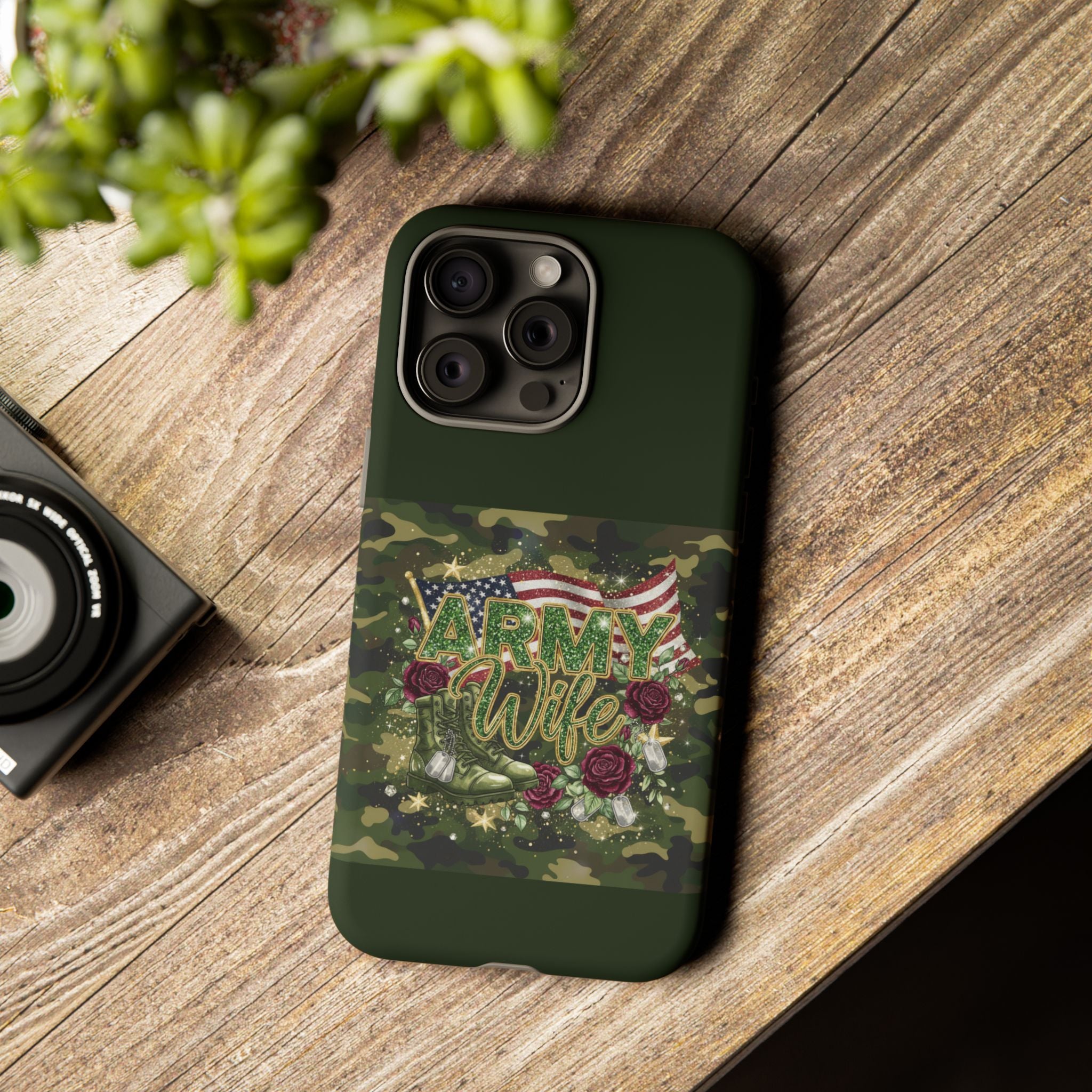Army Wife Tough Phone Case — Camo Flag Design with Roses