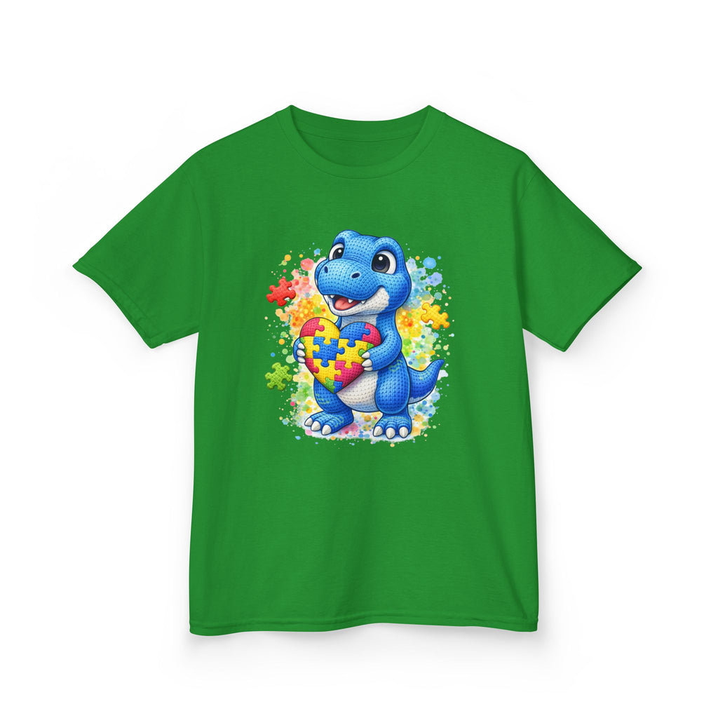Kids T‑Shirt — Cute Blue Dinosaur Holding Puzzle Heart (Autism Awareness)