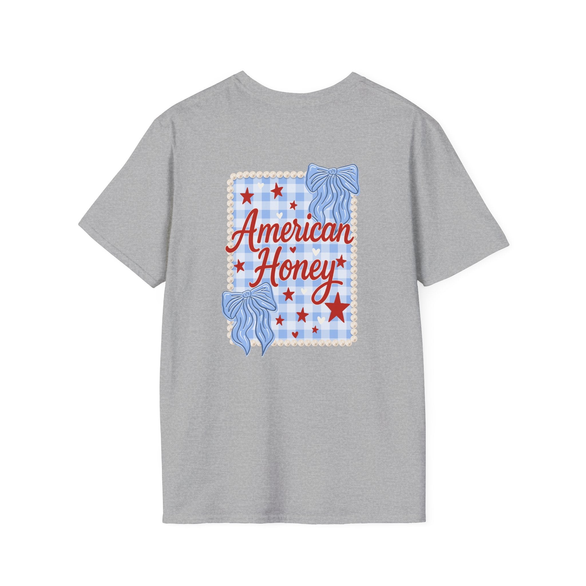 Double-sided American Honey T-Shirt — Patriotic Red White Blue Bow Tee