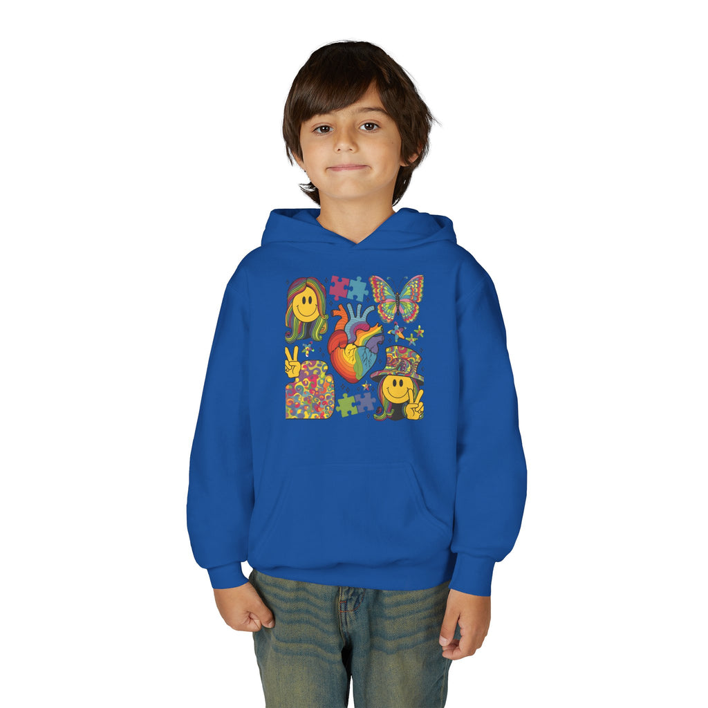Youth Hoodie — Colorful Retro Smiley & Puzzle Heart Graphic