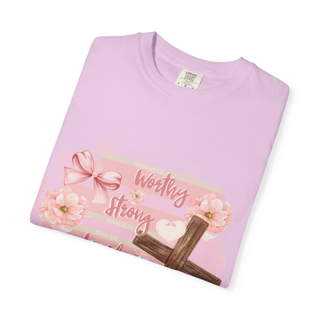 Christian Inspirational T-Shirt — "Worthy Strong Loved Beautiful" Cross & Bible Design