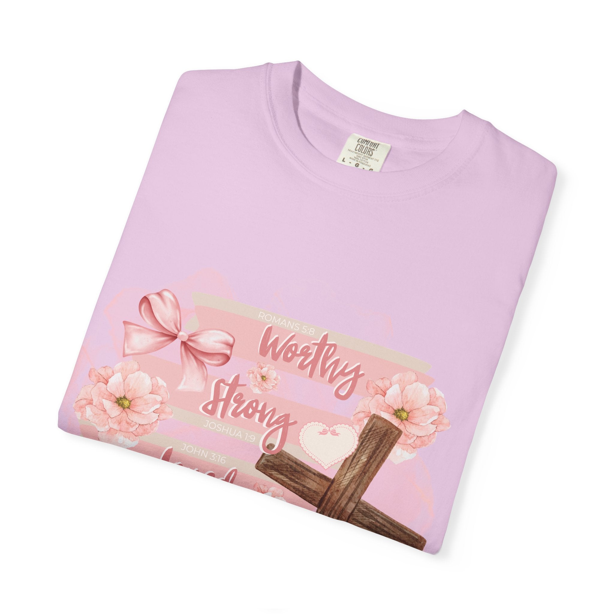 Christian Inspirational T-Shirt — "Worthy Strong Loved Beautiful" Cross & Bible Design