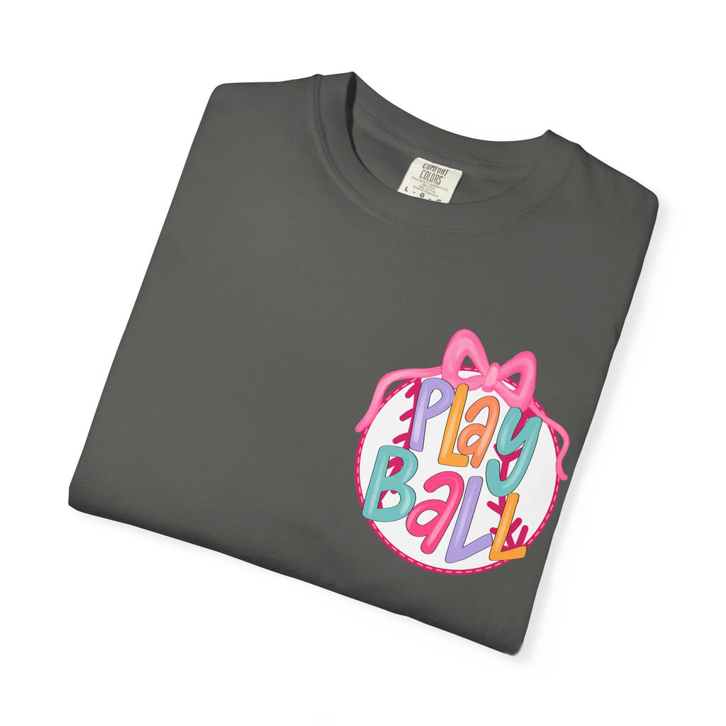 Softball Tee — "Play Ball" Front & "Pitch, Batter, Batter, Swing" Heart Back