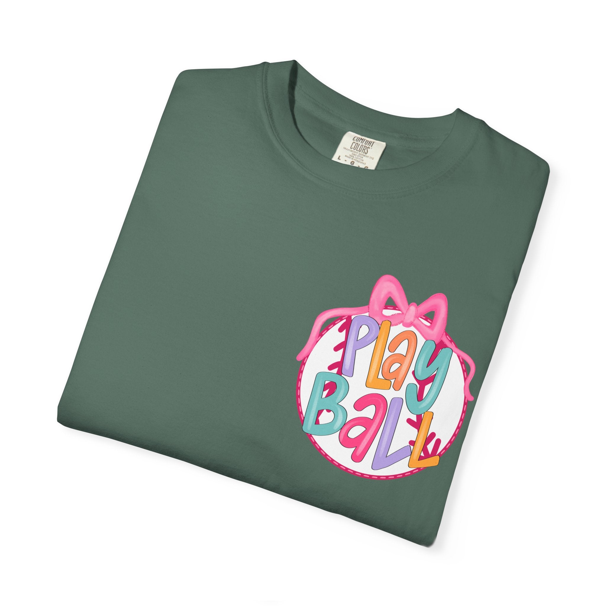 Softball Tee — "Play Ball" Front & "Pitch, Batter, Batter, Swing" Heart Back