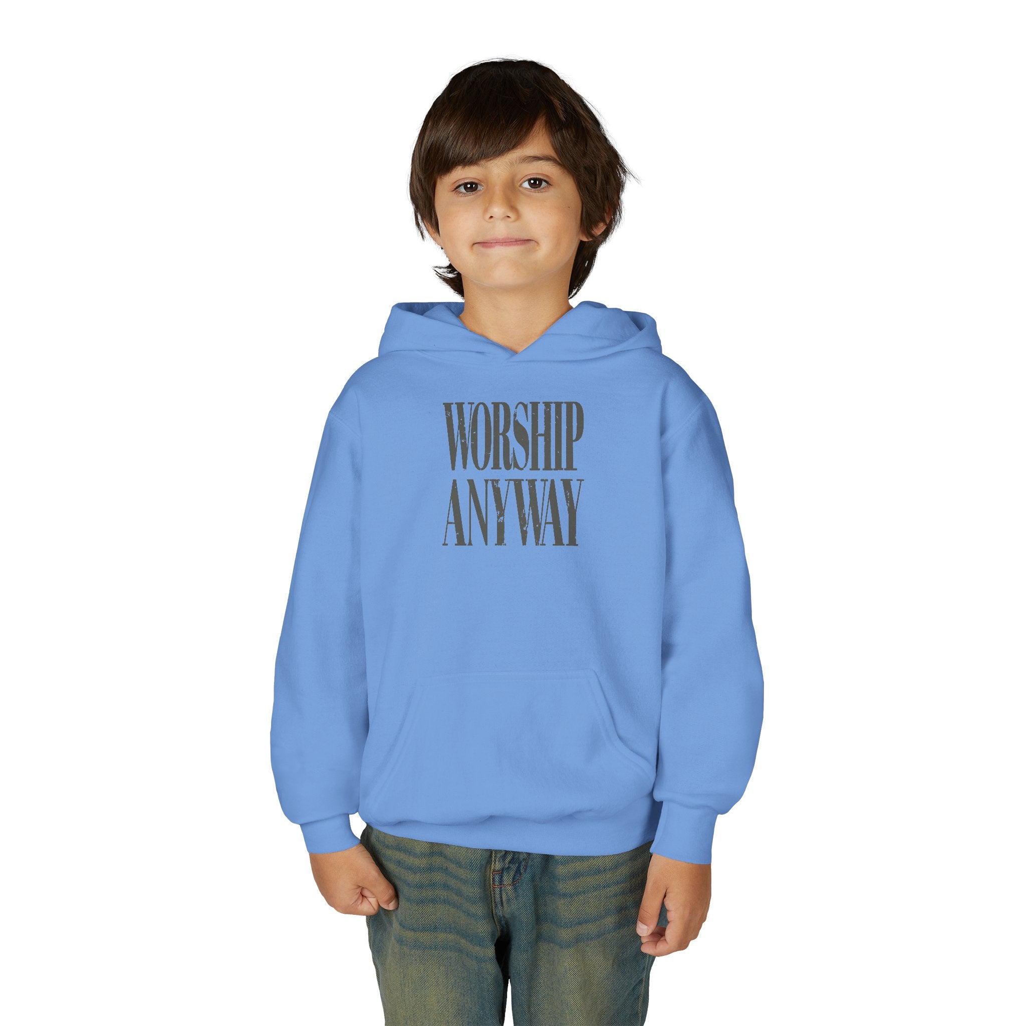 Youth Hoodie — "Worship Anyway" Minimalist Faith Pullover