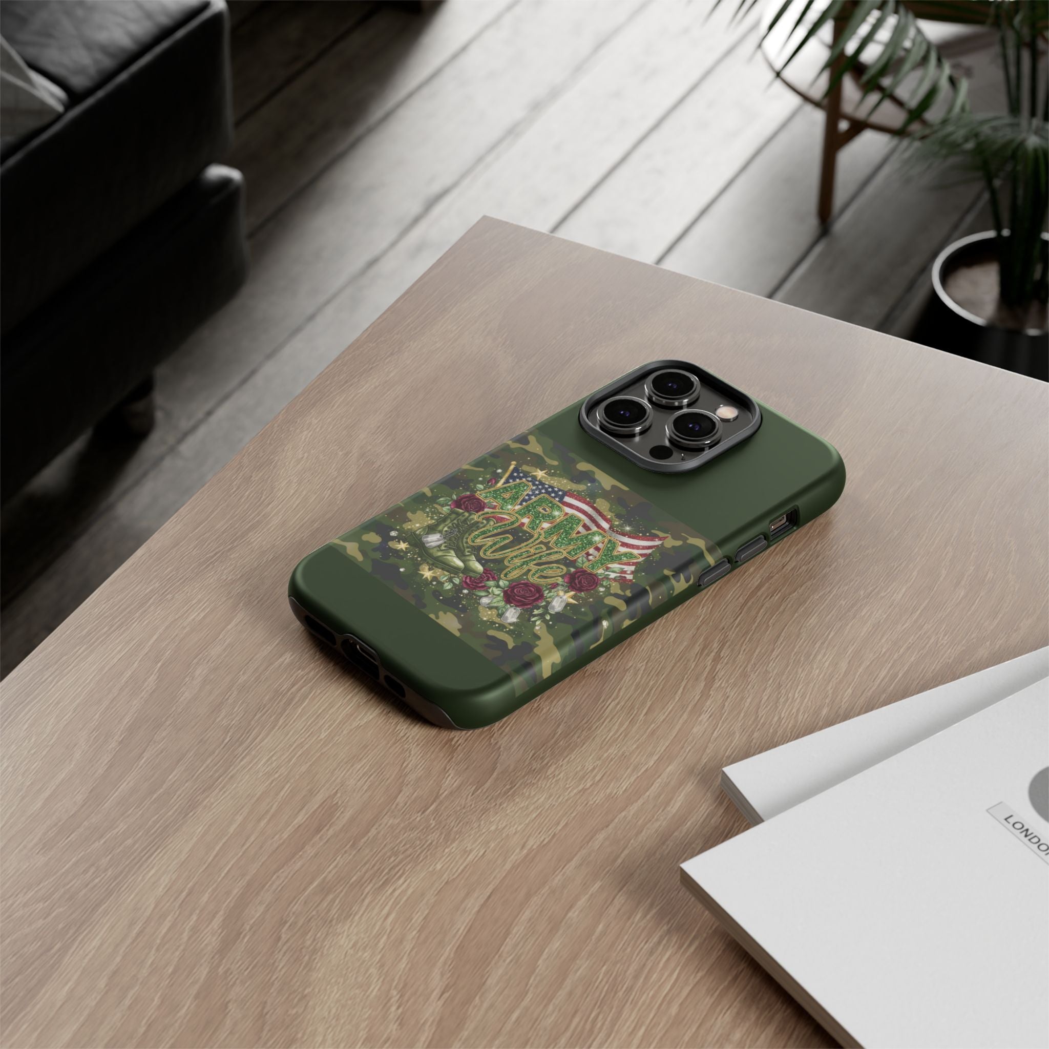 Army Wife Tough Phone Case — Camo Flag Design with Roses