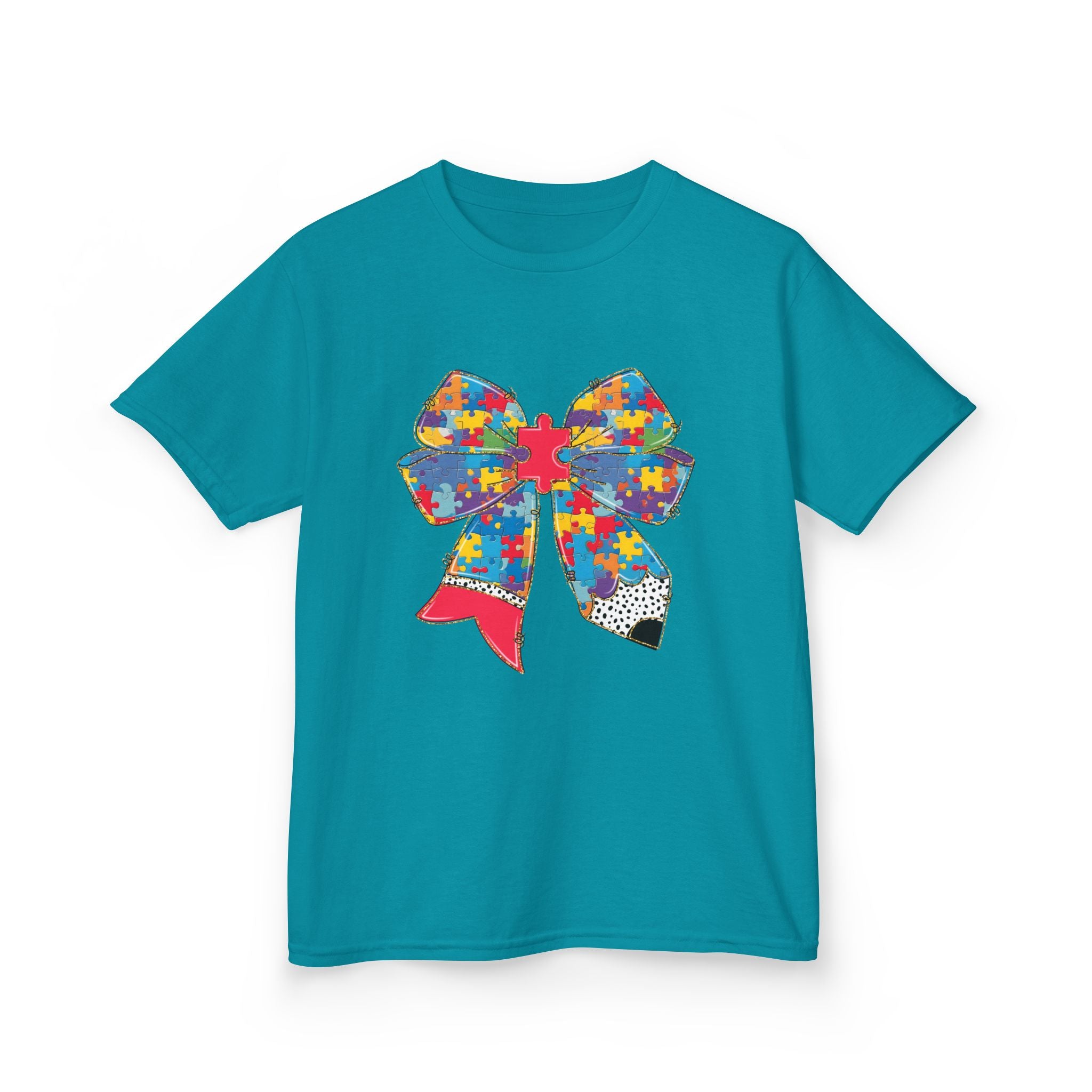 Autism Awareness Puzzle Bow Kids T‑Shirt – Autism Acceptance Gift
