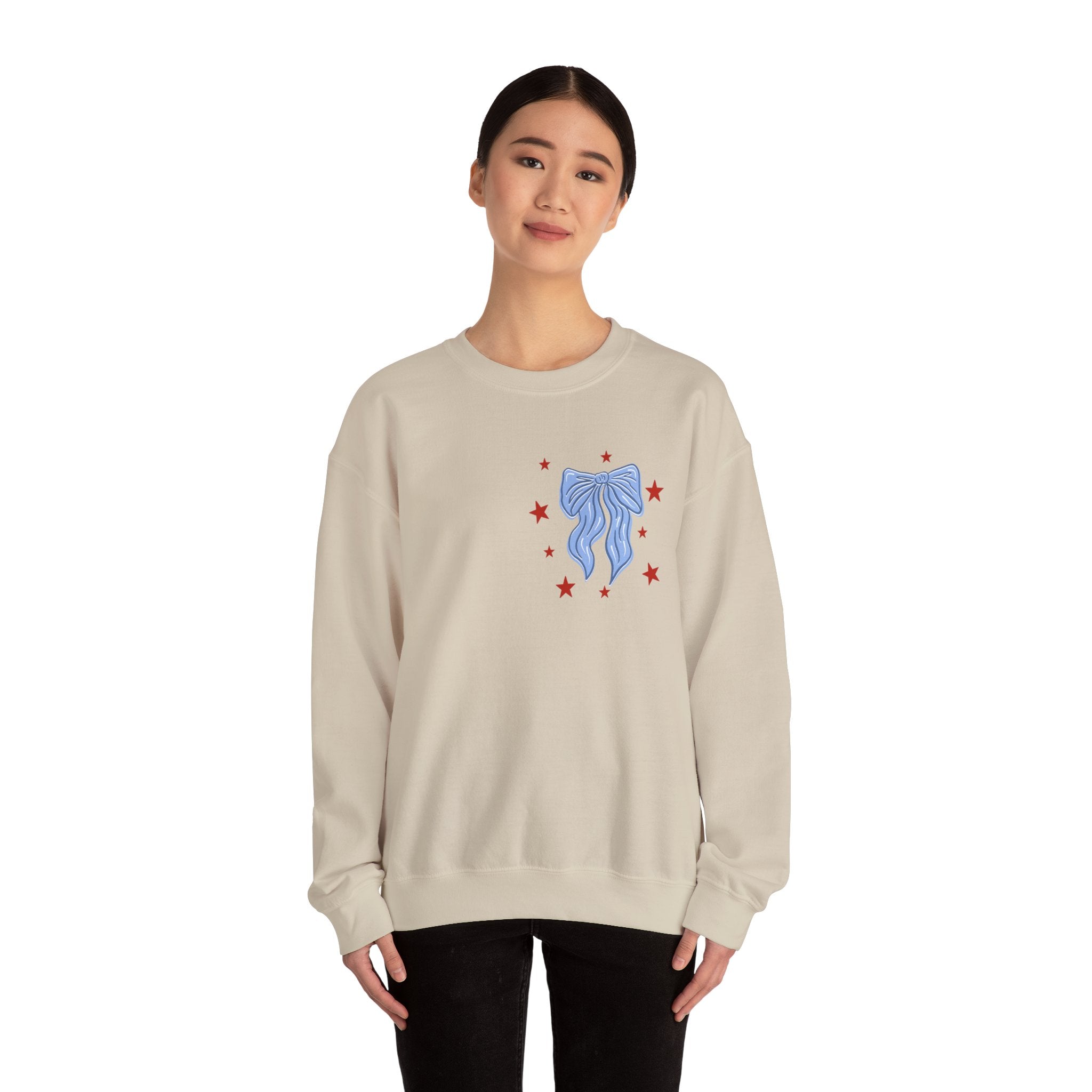 Double-sided American Honey Crewneck Sweatshirt — Patriotic Blue Ribbon Stars Pullover