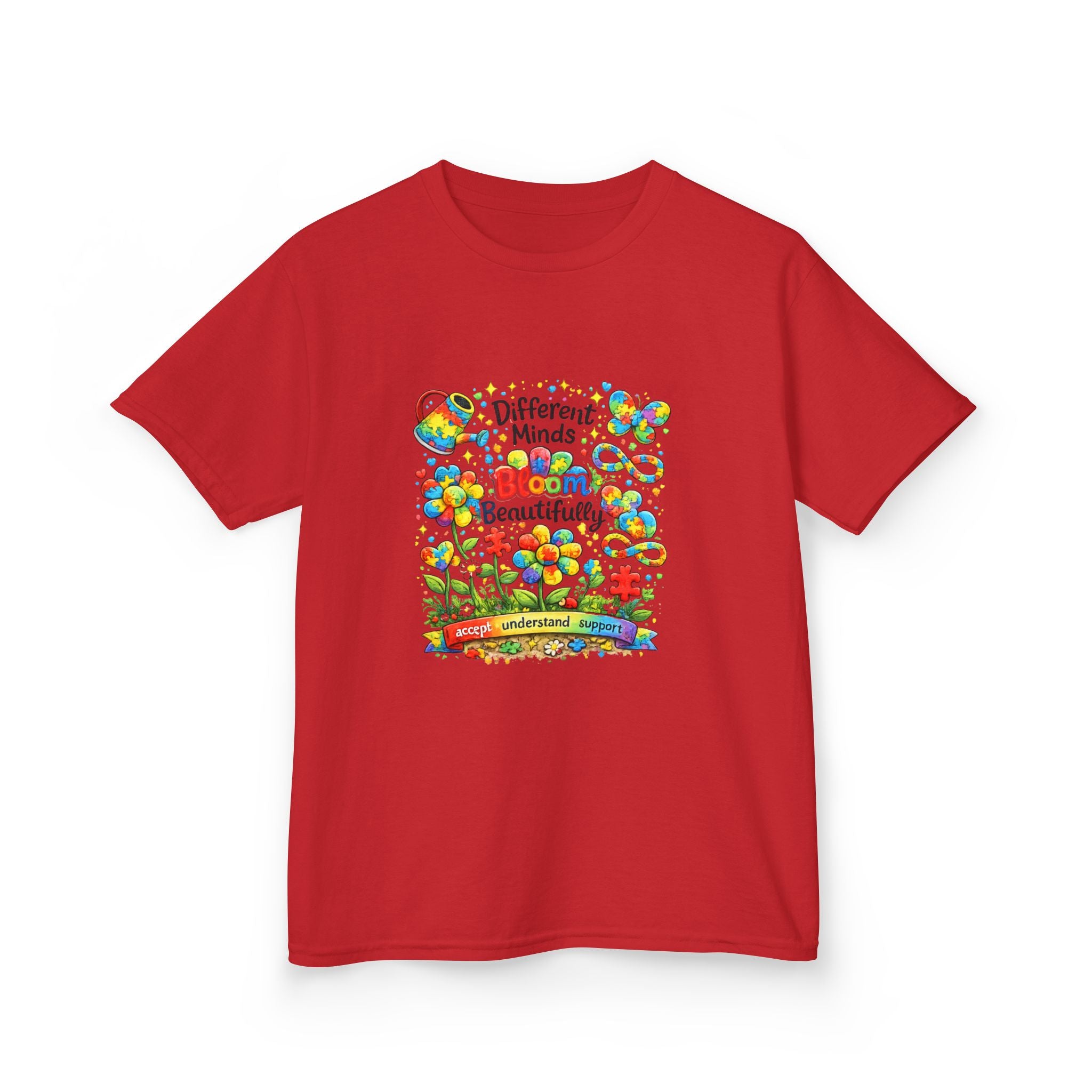 Kids Tee — "Different Minds Bloom Beautifully" Rainbow Flower Autism Awareness Shirt