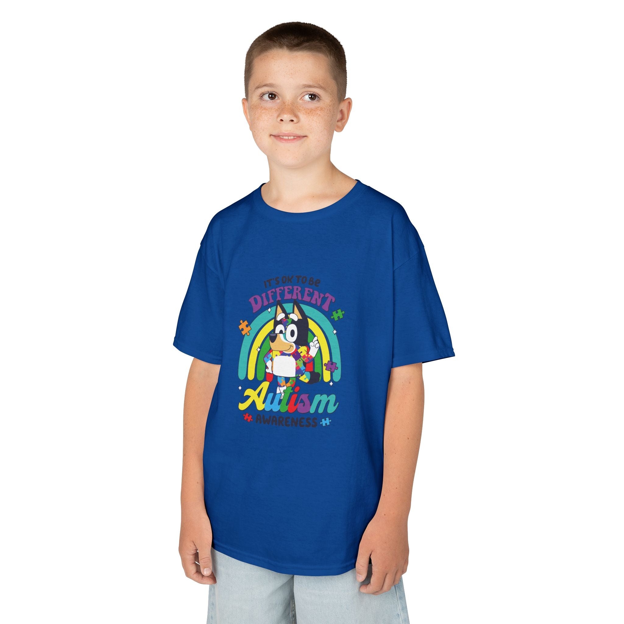 Kids Tee — "It's OK to Be Different" Autism Awareness Rainbow Design