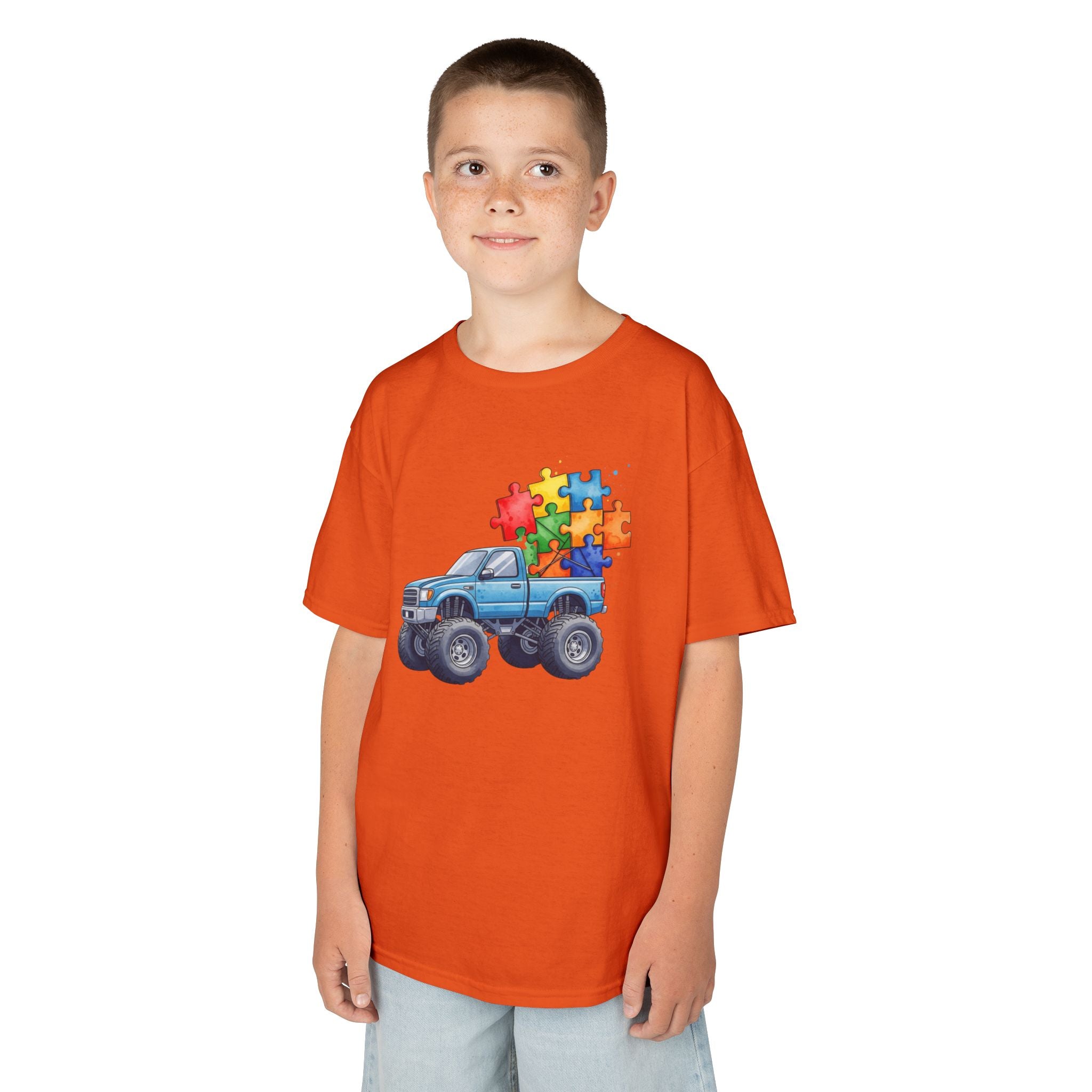 Kids Monster Truck Autism Awareness T‑Shirt — Puzzle Piece Ride