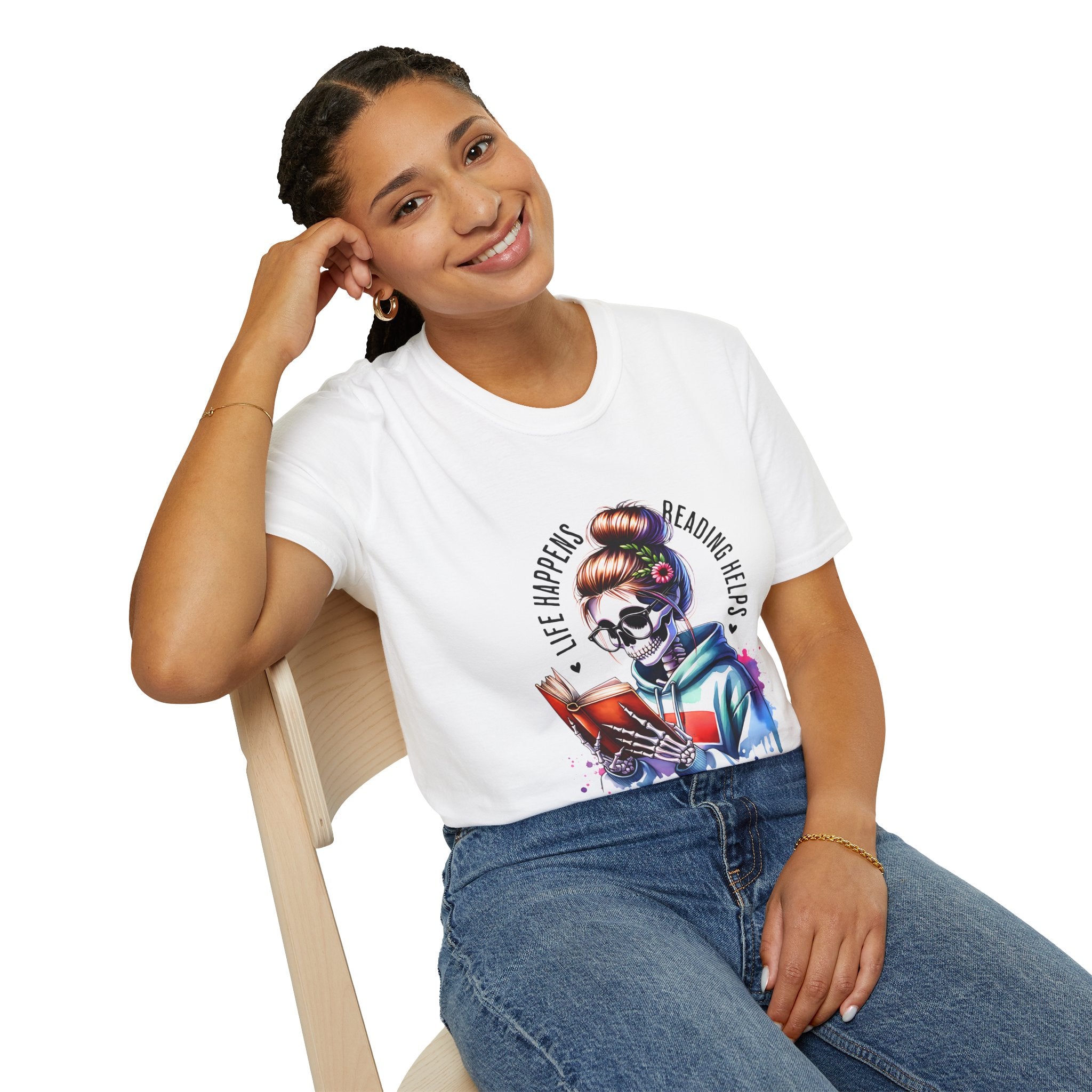 Reading Skull T-Shirt — "Life Happens, Reading Help" Gothic Booklover Tee