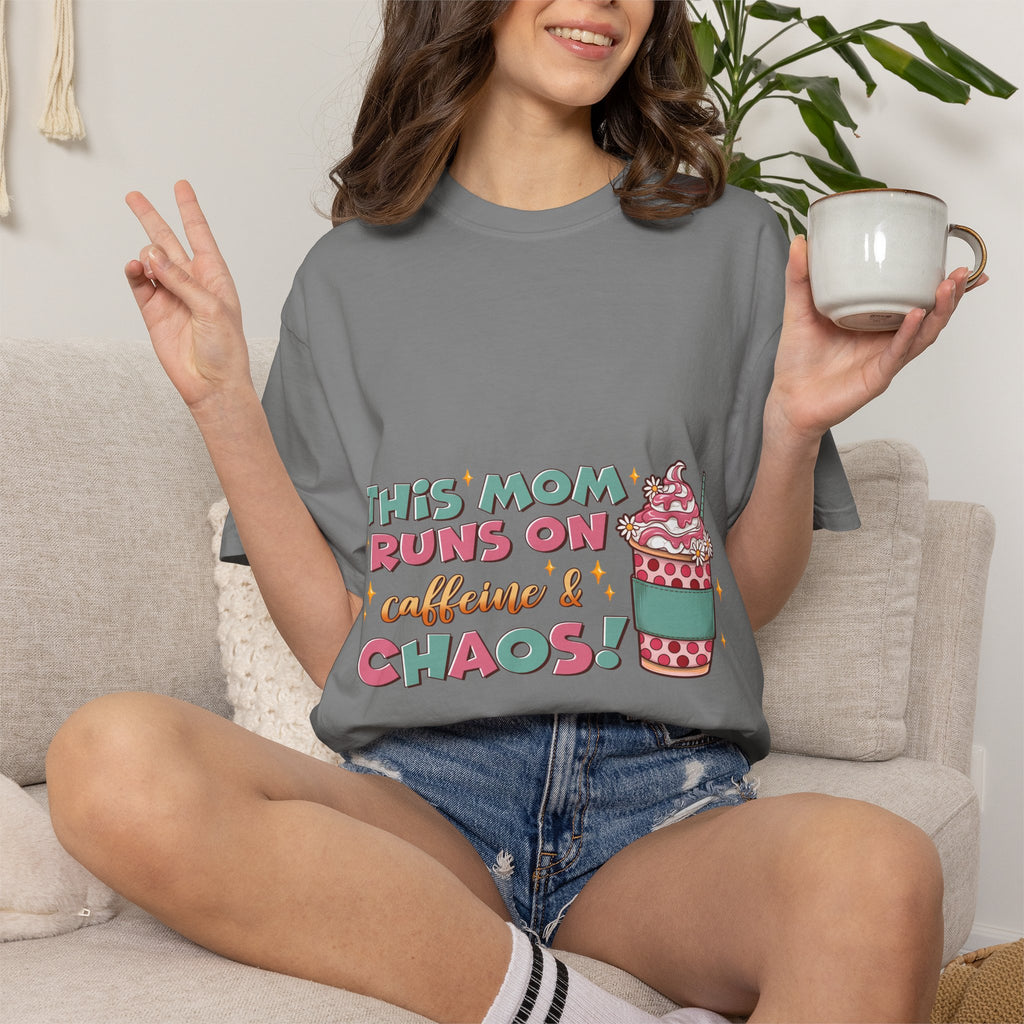 Mom Coffee T-Shirt — "This Mom Runs on Caffeine & Chaos" Cute Graphic Tee