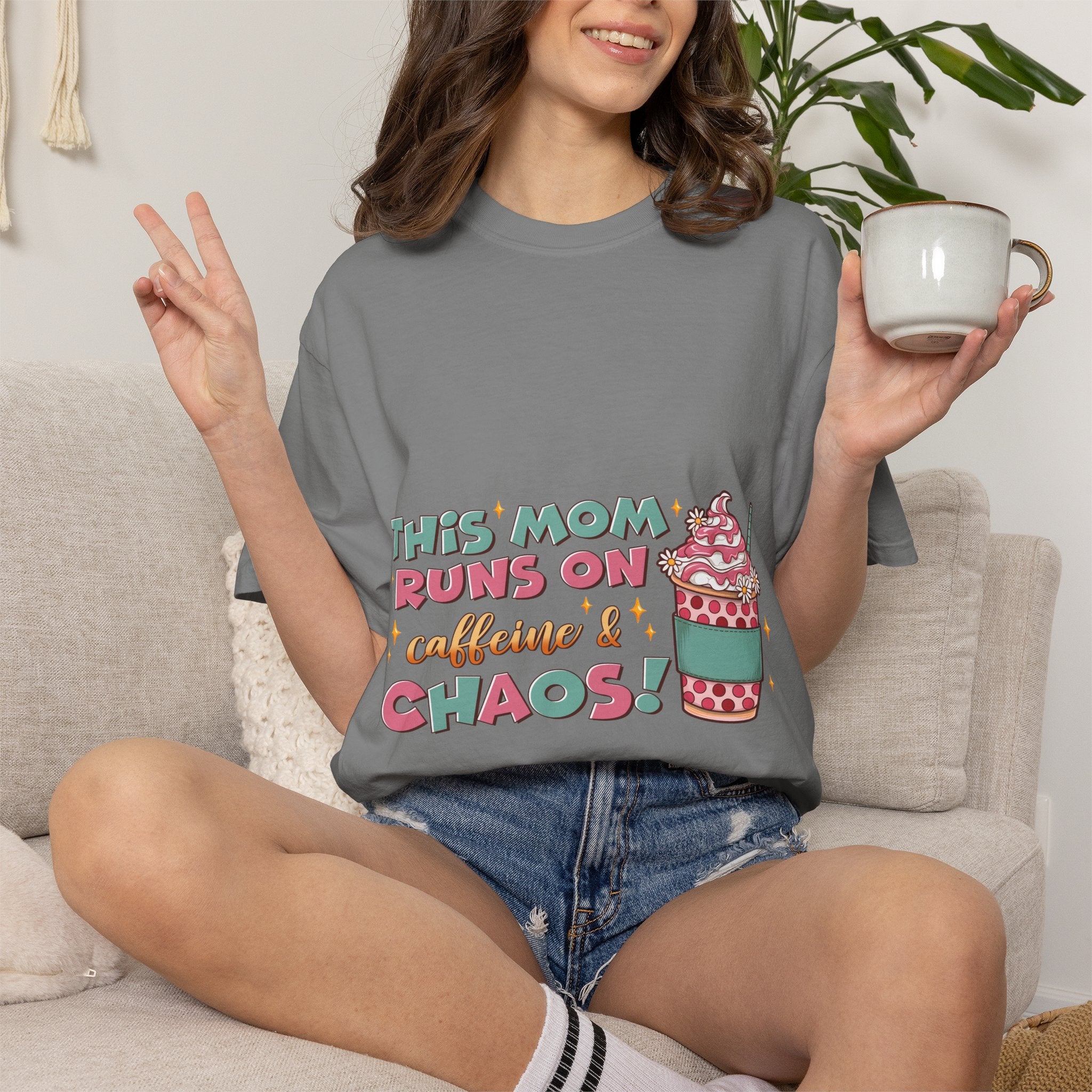 Mom Coffee T-Shirt — "This Mom Runs on Caffeine & Chaos" Cute Graphic Tee