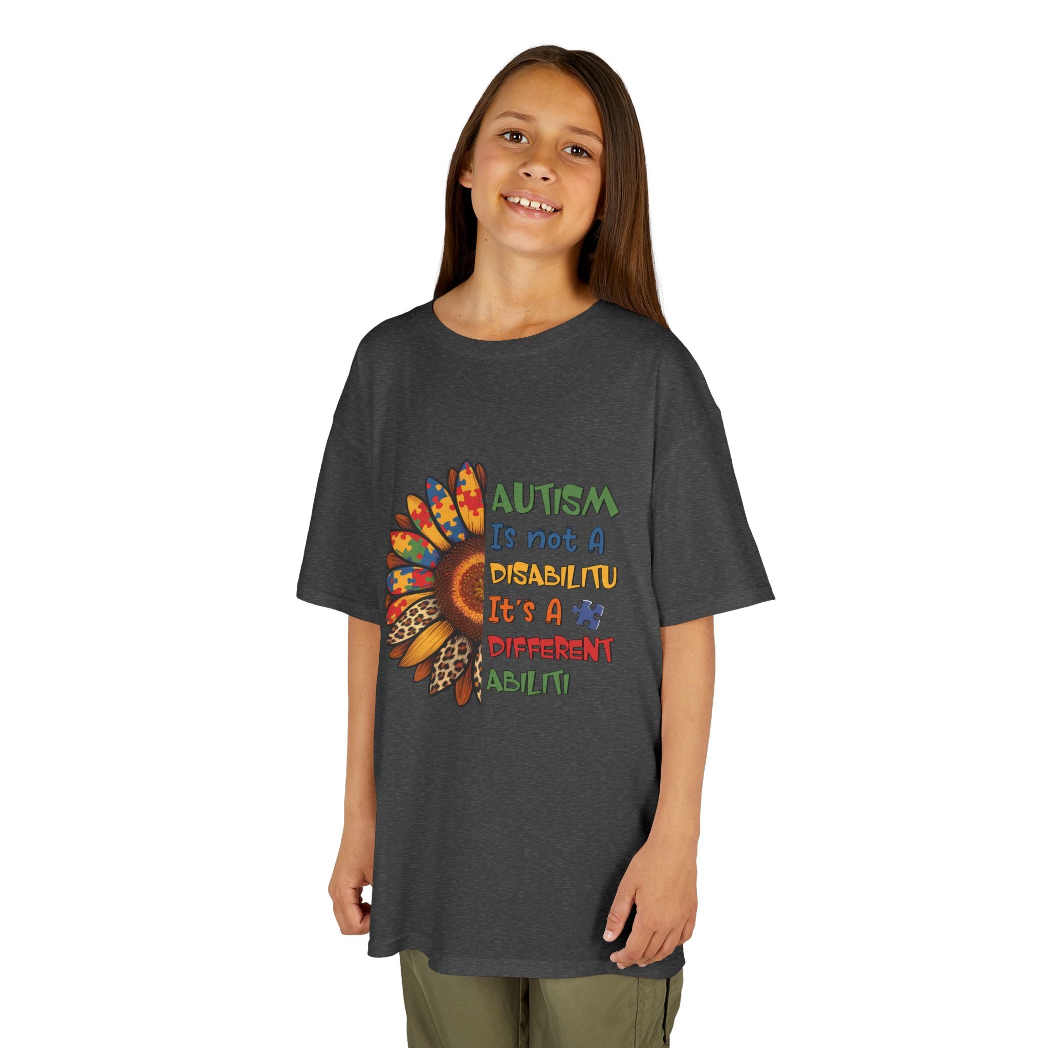 Kids Tee — "Autism Is Not A Disability It's A Different Ability" Colorful Feather Design