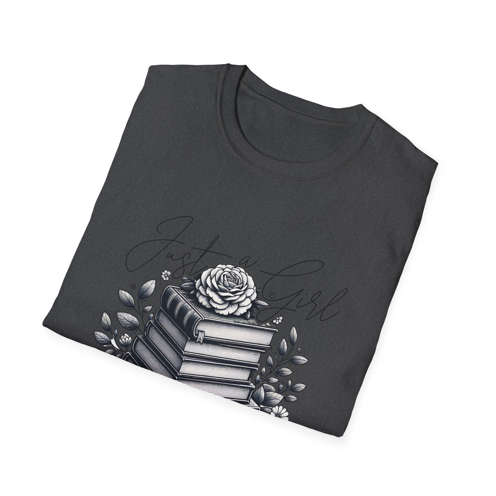 Book Lover T-Shirt — "Just a Girl Who Loves Books" Floral Stack Design