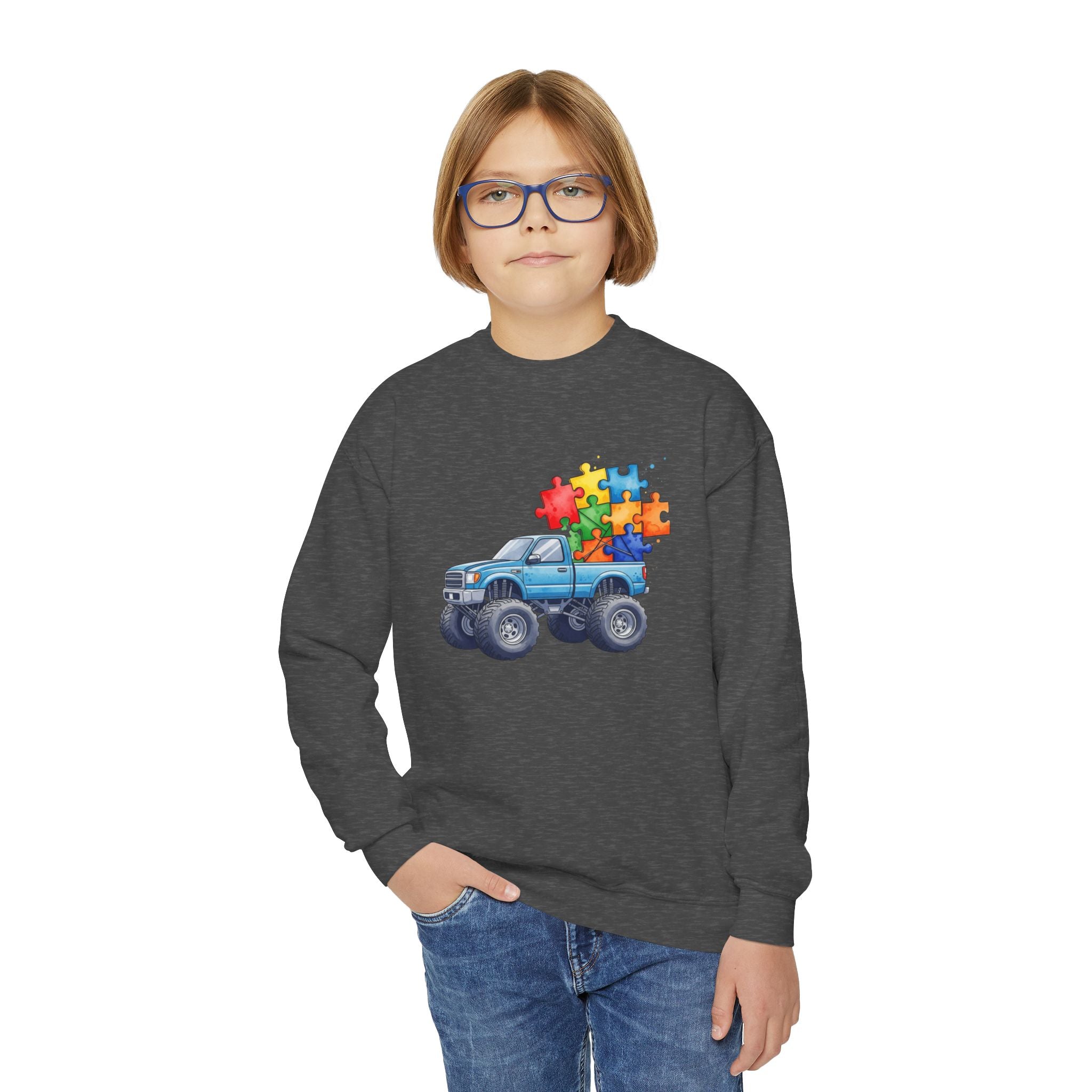 Kids Monster Truck Sweatshirt with Colorful Puzzle Pieces – Autism Awareness Crewneck