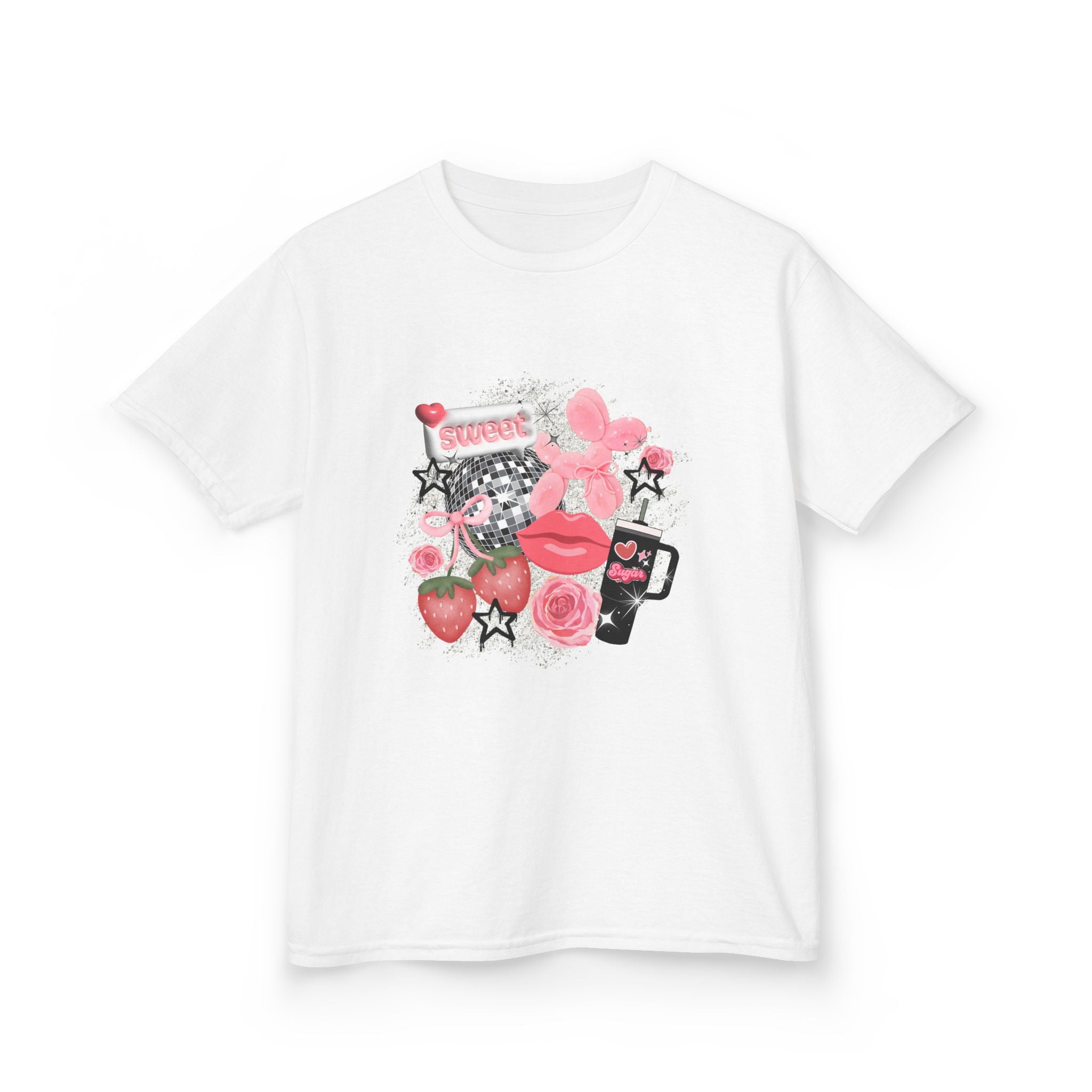 Kids Tee — Pink Floral Sticker Collage (Strawberries, Lips & Gadgets)