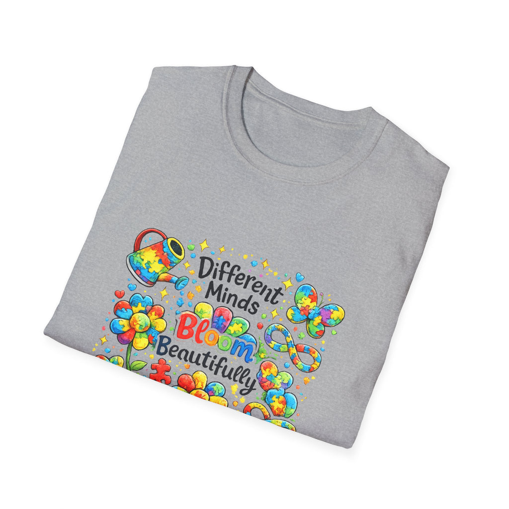 Autism Awareness T-Shirt – "Different Minds Bloom Beautifully" Colorful Puzzle Heart Design