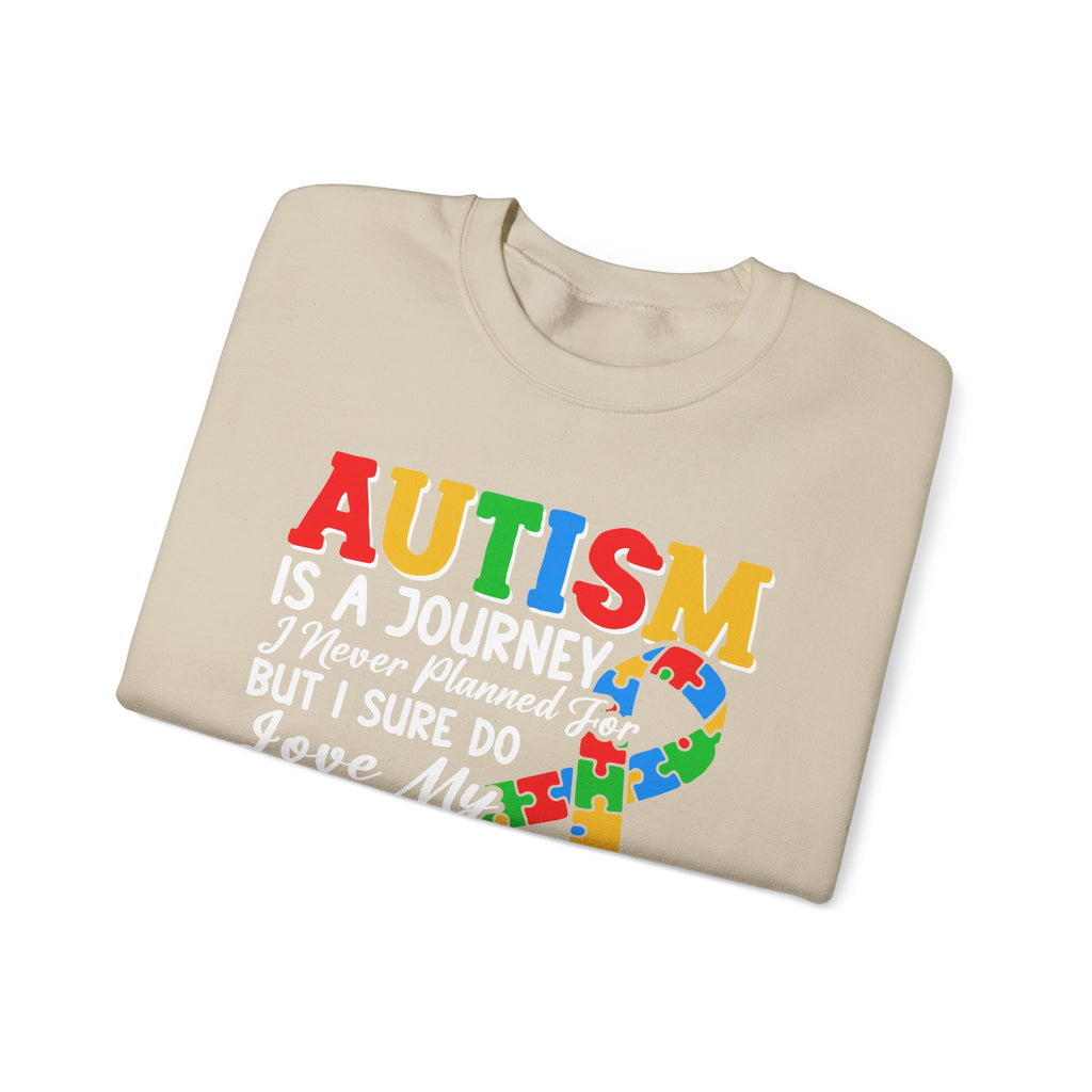 Autism Mom Crewneck Sweatshirt — "Autism Is A Journey" Colorful Puzzle-Heart Design
