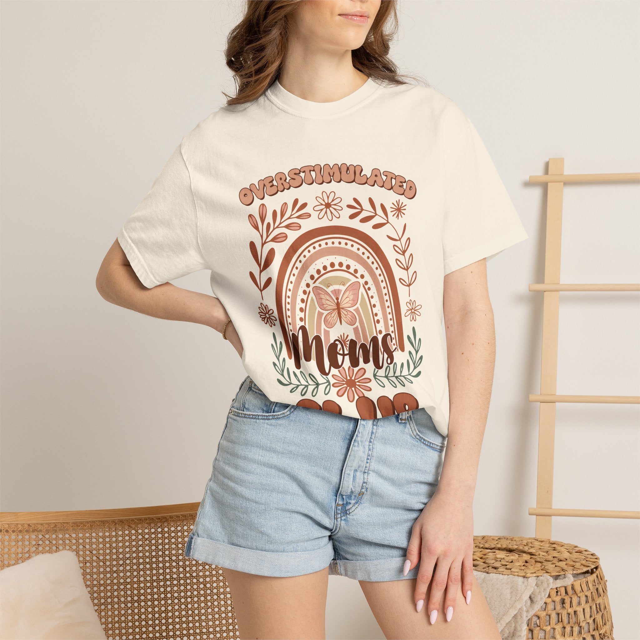Moms Club Tee — "Overstimulated" Retro Floral Rainbow Mother's Day Shirt