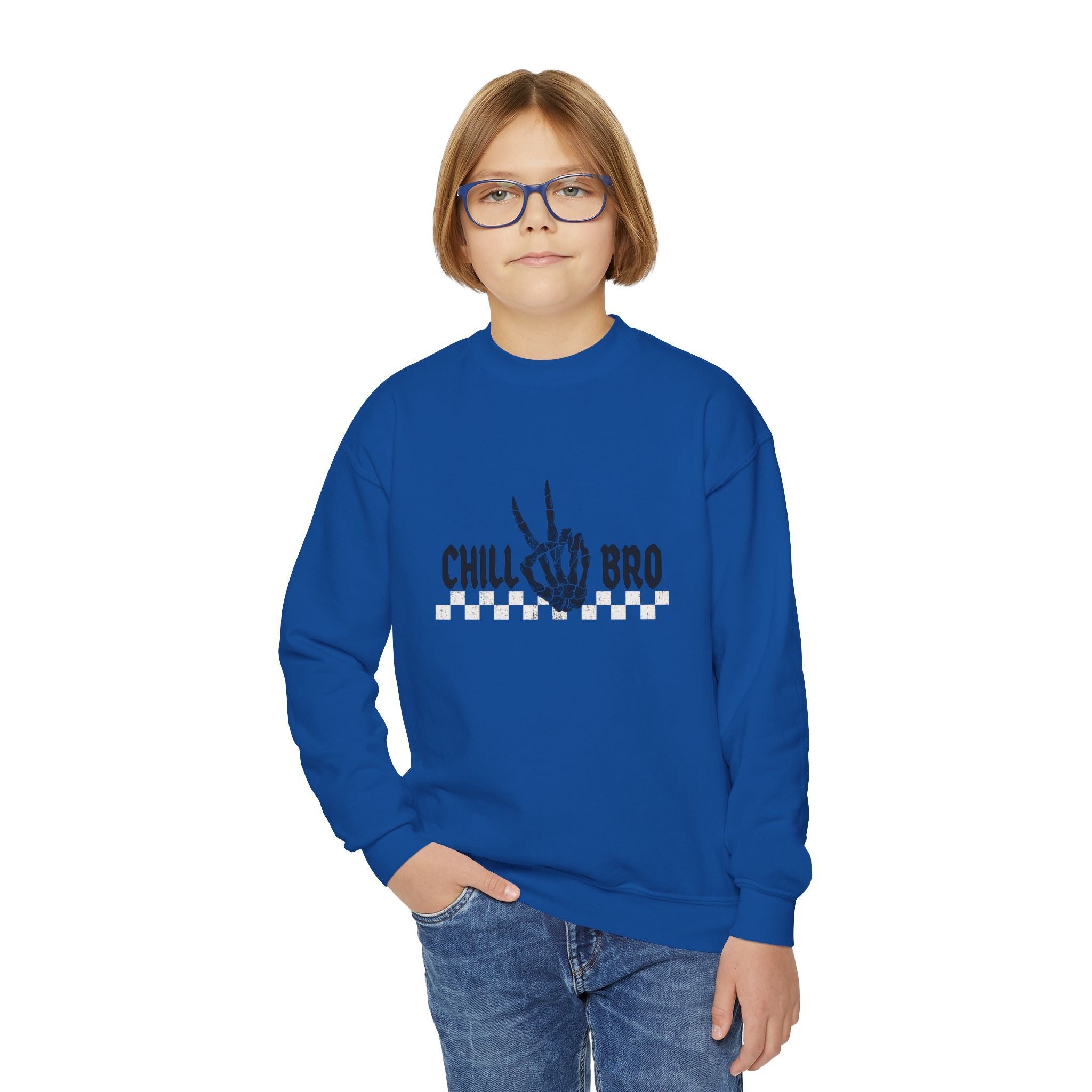 Youth Crewneck Sweatshirt — "Chill Bro" Skeleton Hand Graphic