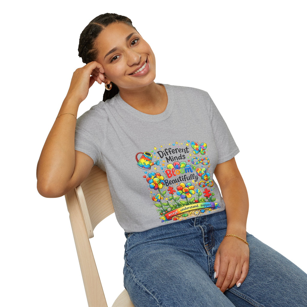 Autism Awareness T-Shirt – "Different Minds Bloom Beautifully" Colorful Puzzle Heart Design
