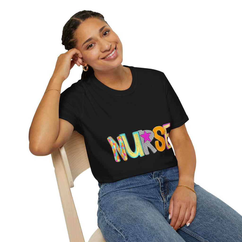 Nurse Colorful Lettering T-Shirt – Playful Scrubs-Themed Tee for Nurses